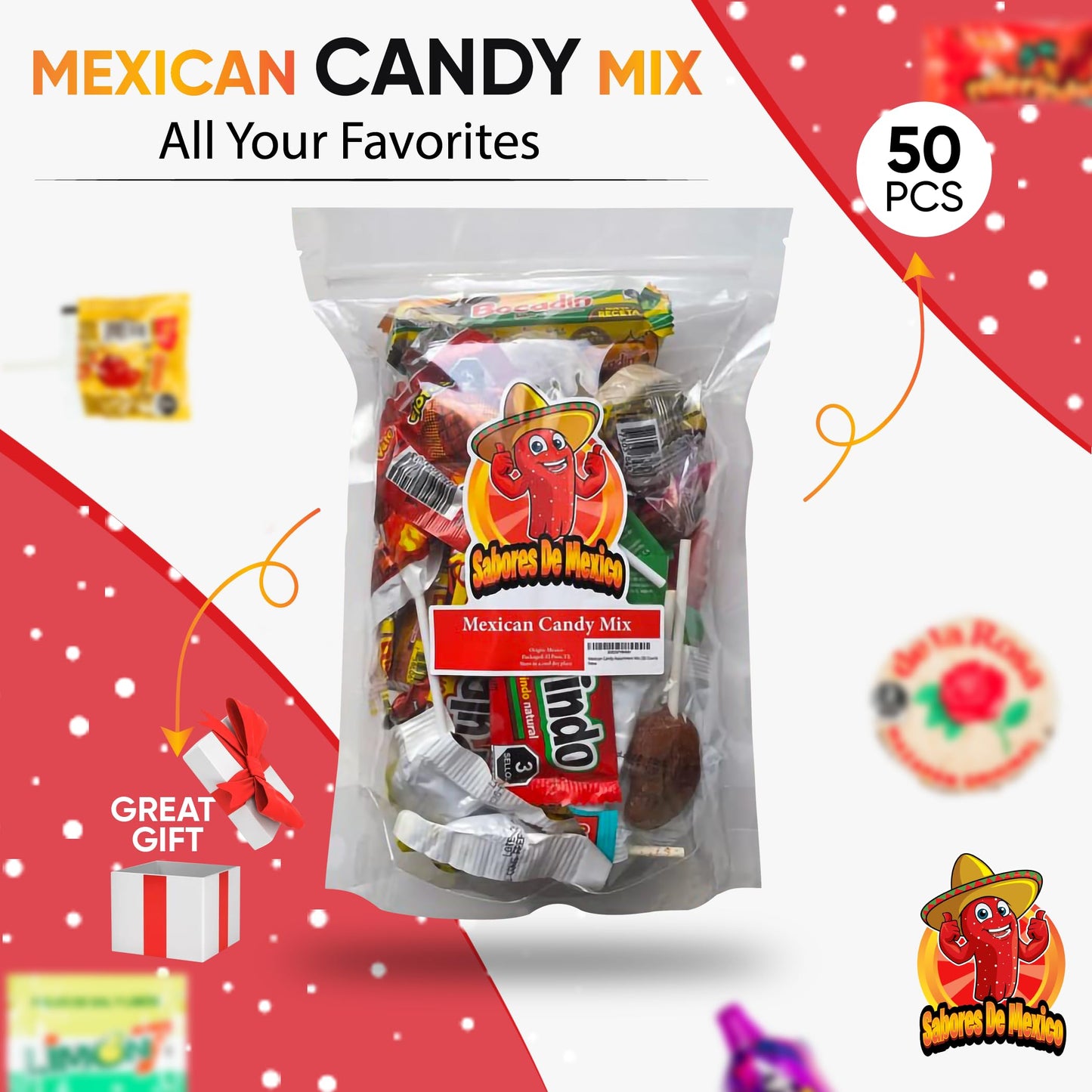 Sabores De Mexico Mexican Candy Variety Pack - 50 Count Dulces Mexicanos with Vero Lollipops, Lucas Candy, Pulparindo & More