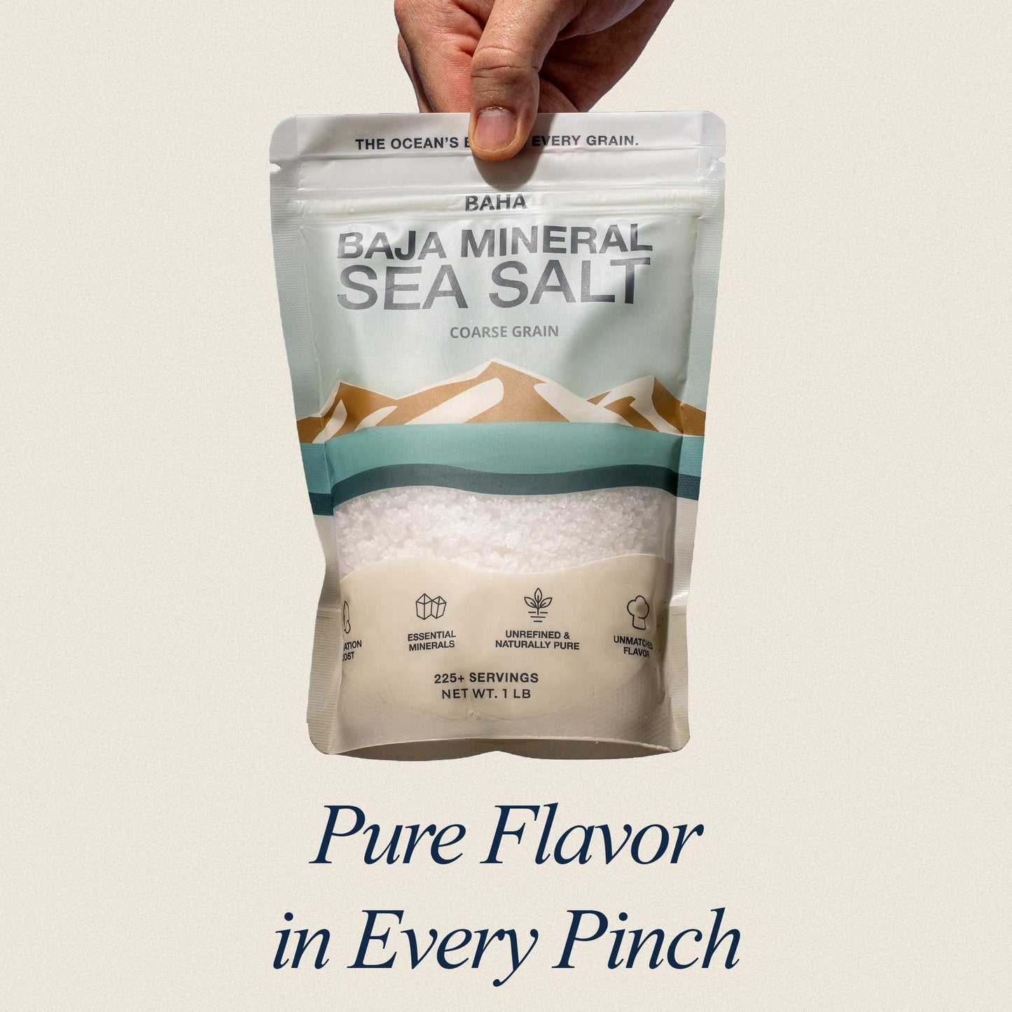 BAHA - Baja Mineral Sea Salt | Original Natural Grain Baha Mineral Salt from Sea of Cortez | Low Sodium & Mineral | For Cooking  Plating and Hydration | for Grinding | 1 Lb. Bag