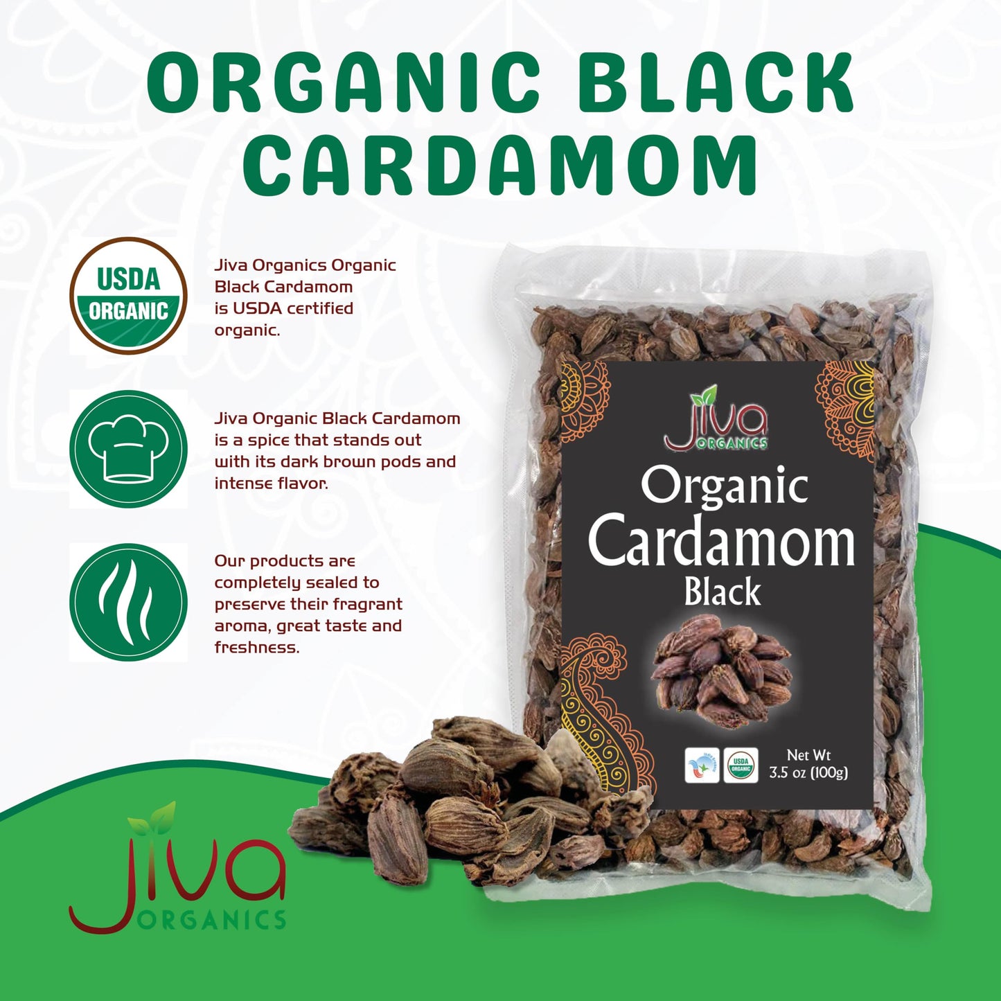 Jiva Organics Organic Black Cardamom 3.5 Ounce Bag - Indian Badi Kali Elaichi - Non-Gmo