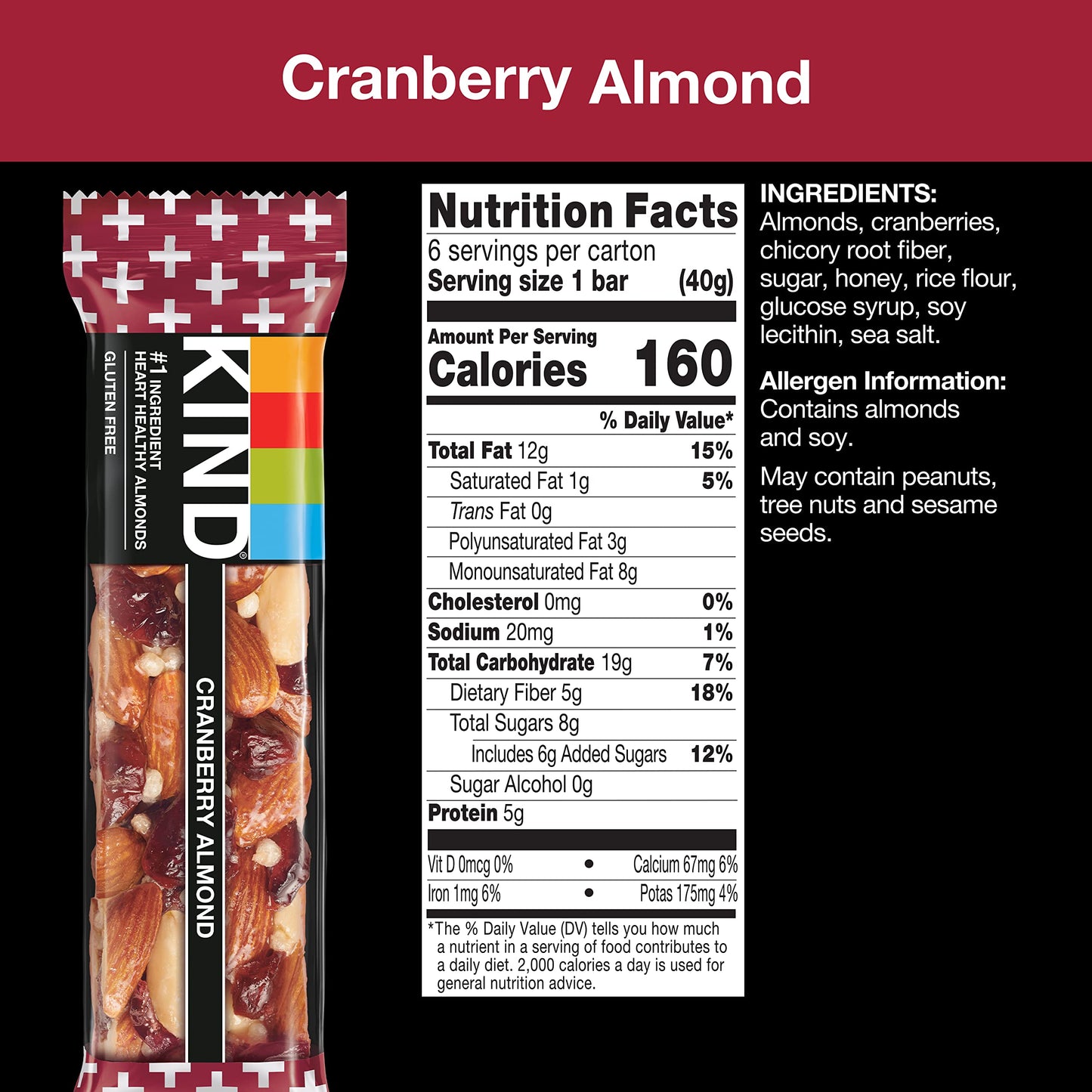 KIND Nut Bars Cranberry Almond Gluten Free Low Sugar 6g Protein 12 Count