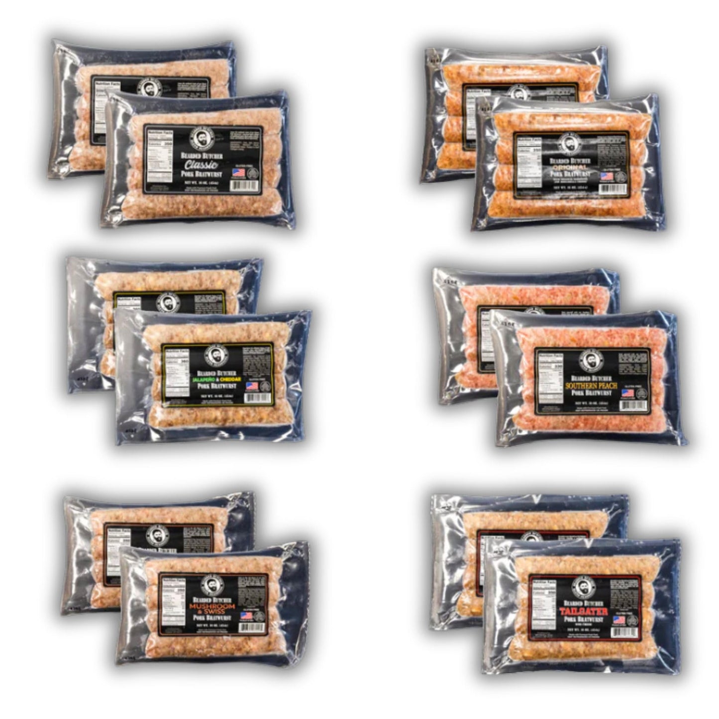 Bearded Butchers Bratwurst Variety 12-Pack (1 lb Each) - 2 Packs Each of 6 Flavors - Classic, Original, Jalapeo Cheddar, Mushroo