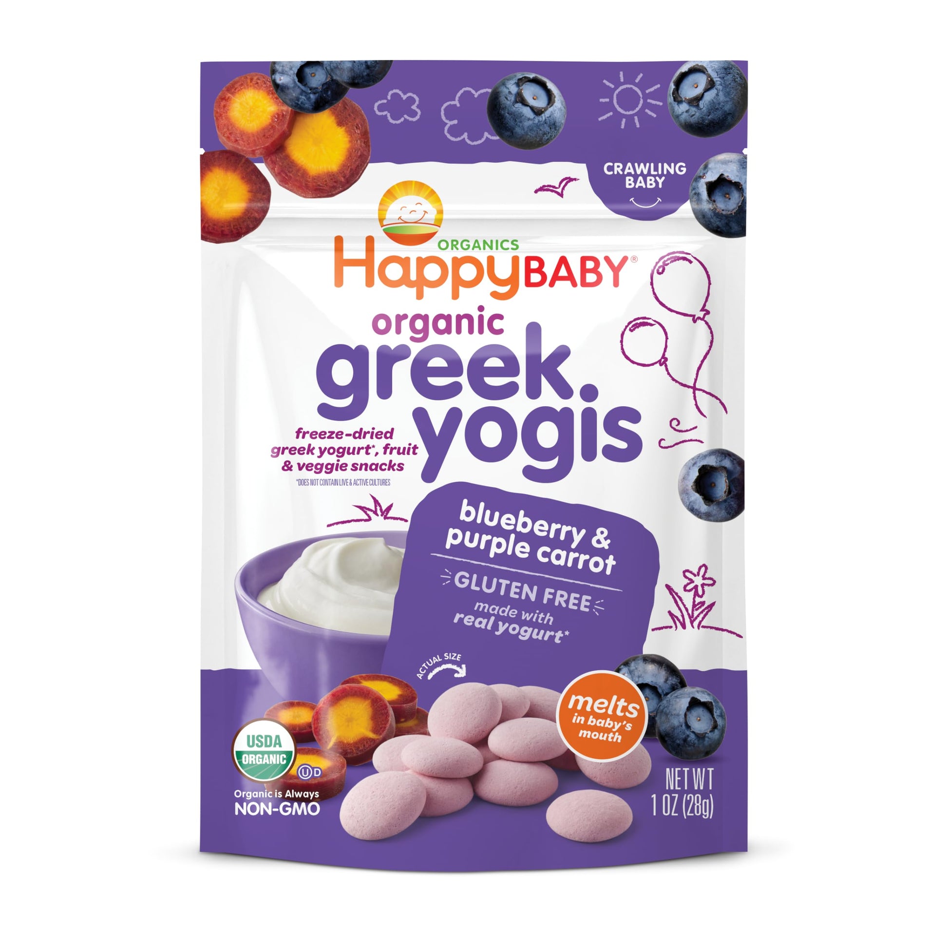 Happy Baby Organics Baby Snacks, Greek Yogis, Freeze Dried Yogurt &Veggie Fruit Snacks, Gluten Free Snack For Babies 9+ Months, 