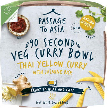 Passage to Asia Ready to Eat Meals - Thai Yellow Curry with Jasmine Rice - Vegetarian Thai Curry Bowl - Microwave Meals in 90 Se