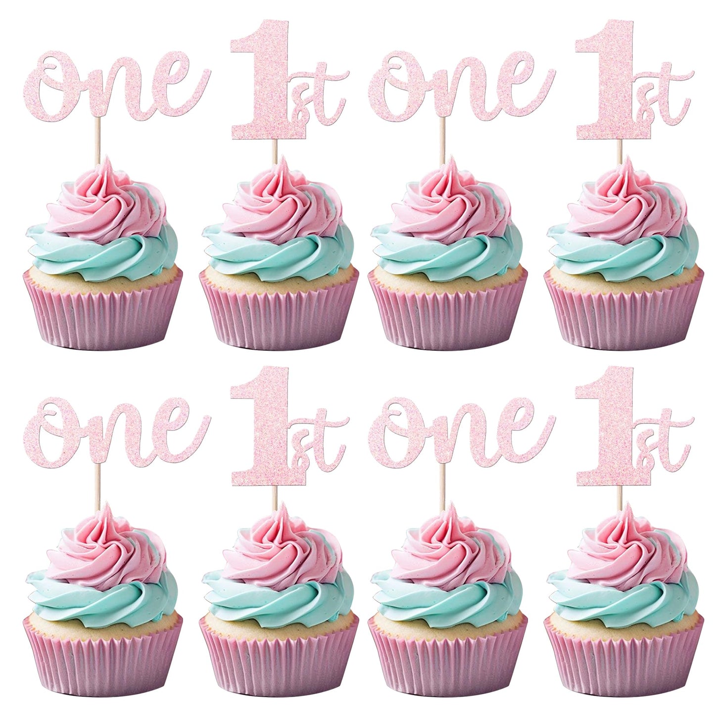 Rsstarxi Cupcake Toppers 24 Pack Glitter for 1st Birthday Party Decorations, Pink, Model XM060-Pink, Paper Material