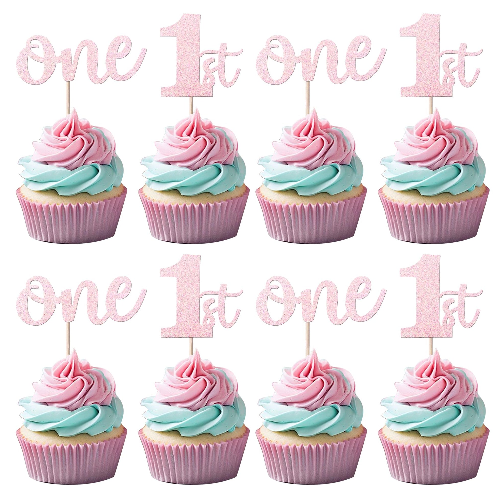 Rsstarxi Cupcake Toppers 24 Pack Glitter for 1st Birthday Party Decorations, Pink, Model XM060-Pink, Paper Material