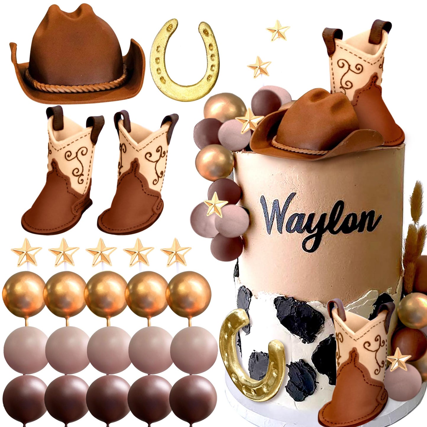 Jevenis Stylish Cowboy Rodeo Cake Topper - Western Decorations With Cowboy Hat  Palm Leaves  And Cow Balls For Birthday