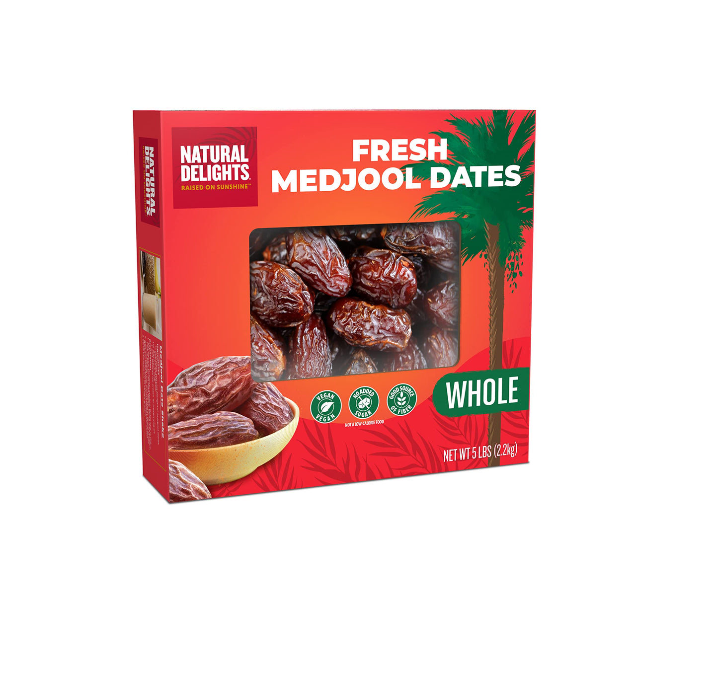 Natural Delights Medjool Dates - Large Whole Dates, Non-GMO, Good Source of Fiber, 5 lb Box