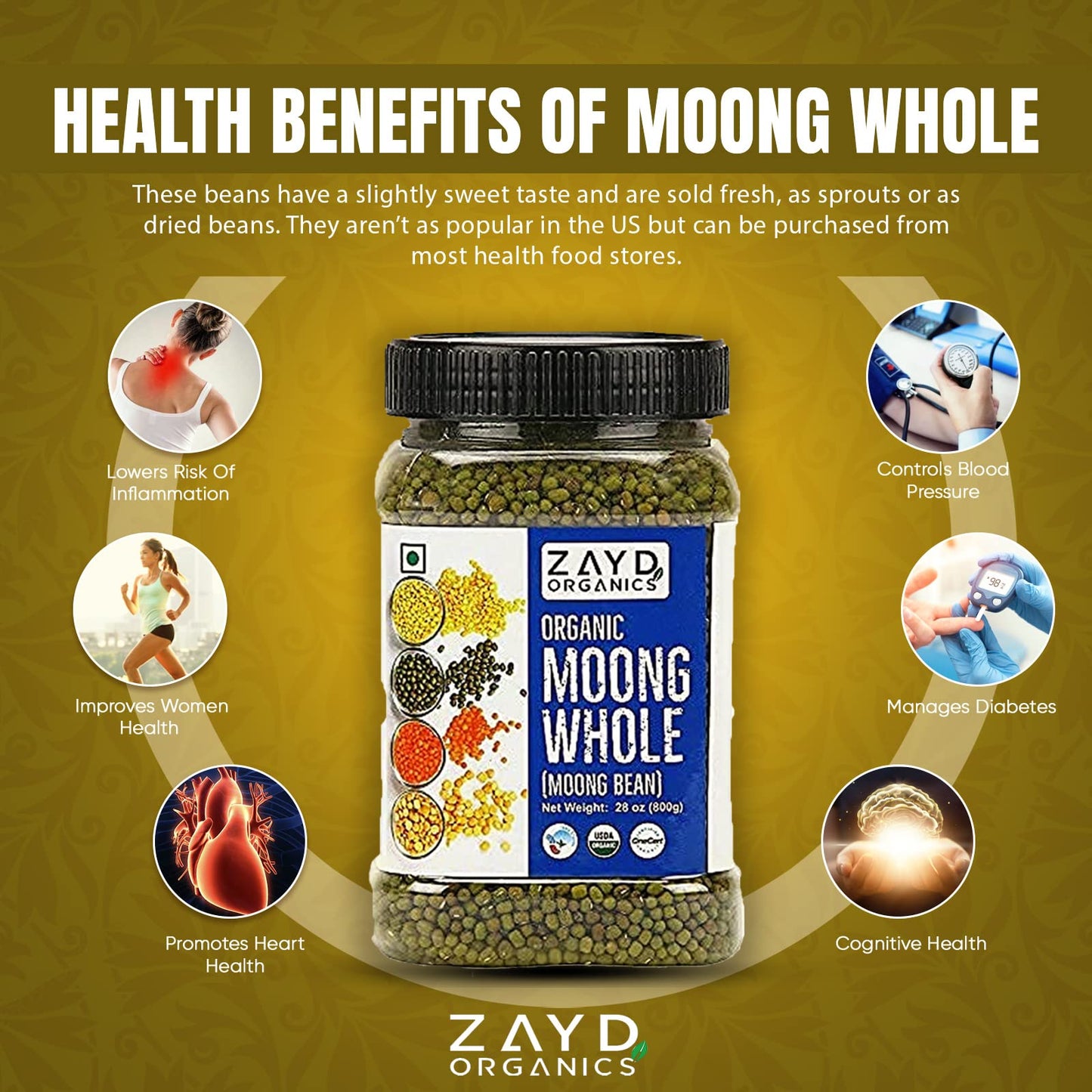 Zayd Organics Moong Whole 1.75lbs (800g) Green Mung Beans