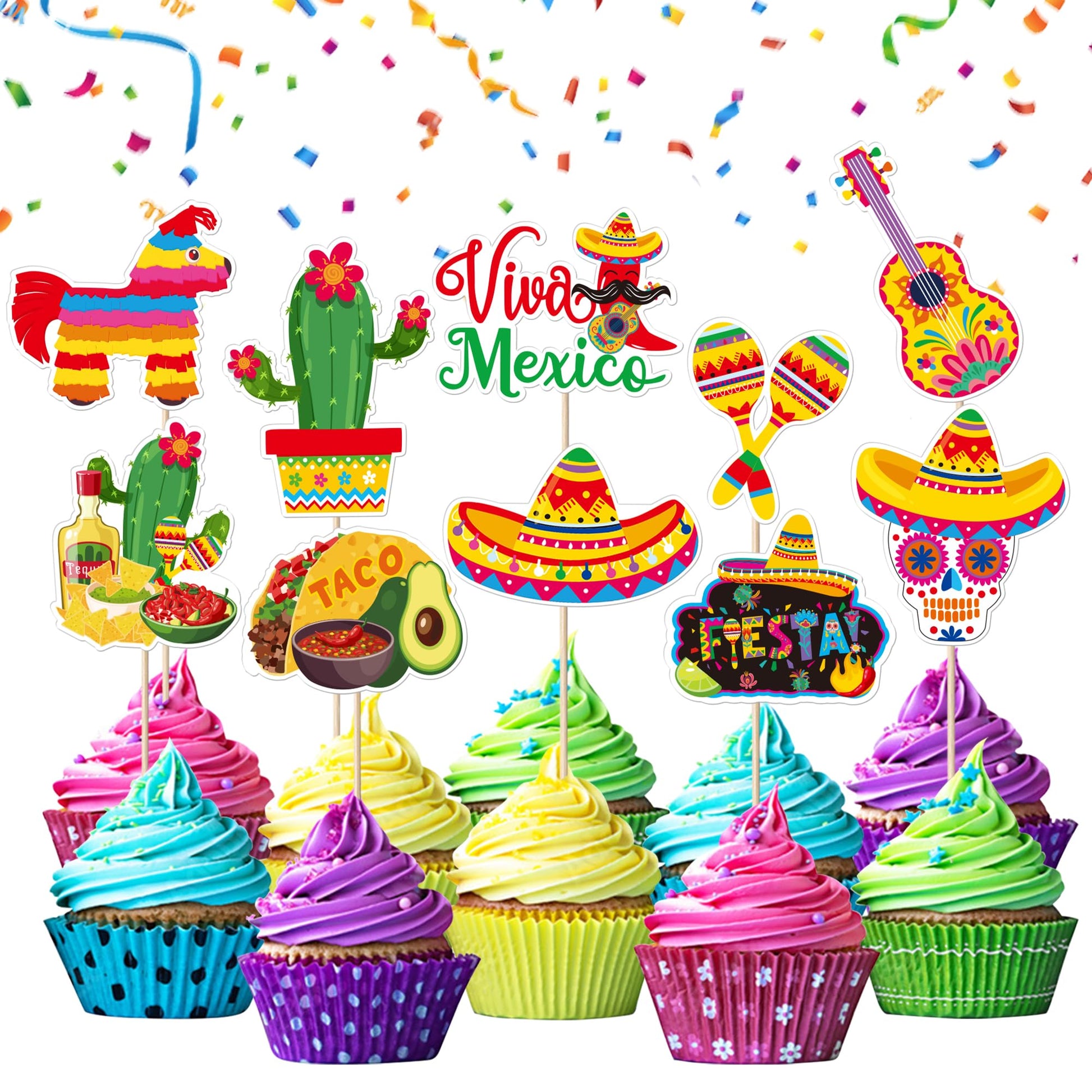 YCTHUNFISH 40 Pack Cupcake Toppers - Cactus, Donkey, Maraca, Sombrero, Pepper, Guitar - Paper - Mexican Fiesta Theme Party Decor
