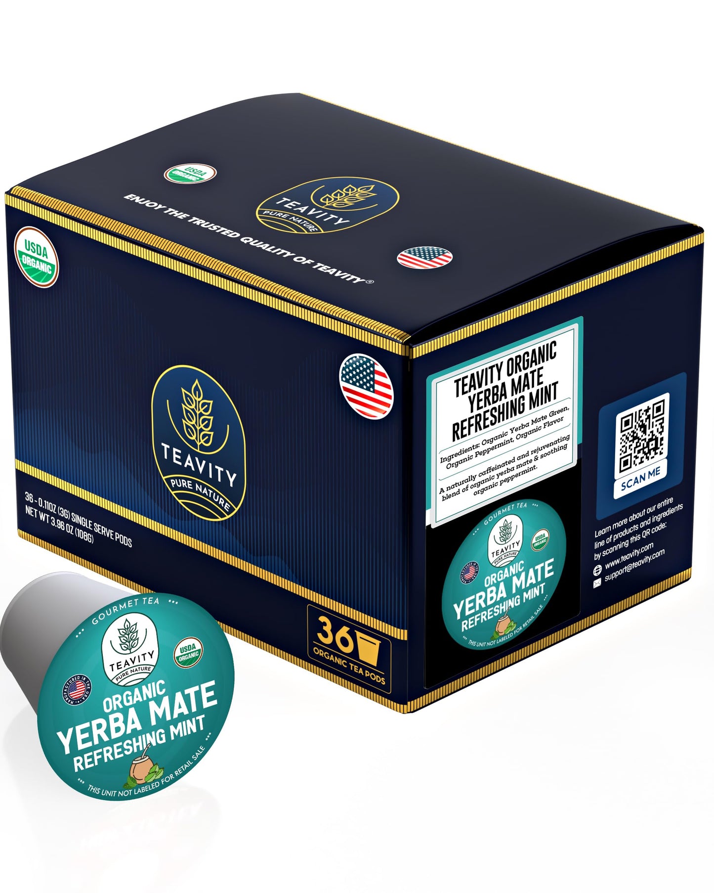 Teavity Organic Yerba Mate Tea Pods - Refreshing Mint - 36 Count - Naturally Caffeinated for Keurig Brewers