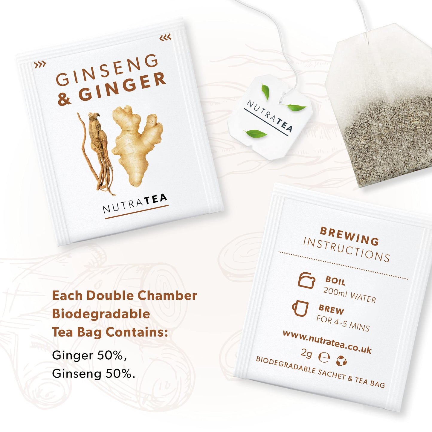 Nutra Tea - Ginger & Ginseng Tea - 40 Tea Bags - Herbal Tea - (2 Pack)