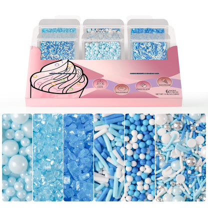 HUEBEATY 6-in-1 Blue and White Sprinkles for Cake Decorating - 180g/6.36oz Edible Baby Shower, Hanukkah, Frozen & Winter Sprinkl