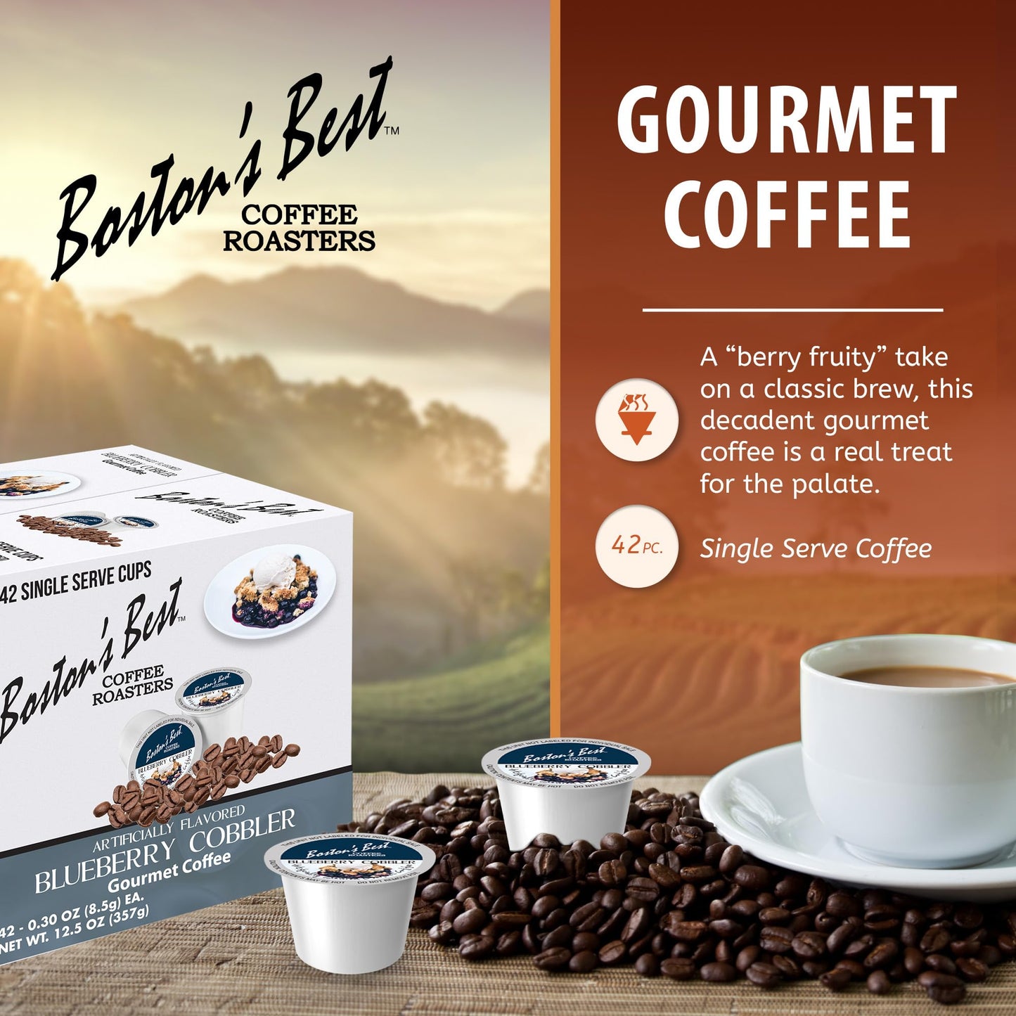 Bostons Best Blueberry Cobbler Flavored Coffee Blend, Medium Roast, 42 Single Serve Cups, Compatible with Keurig Coffee Maker