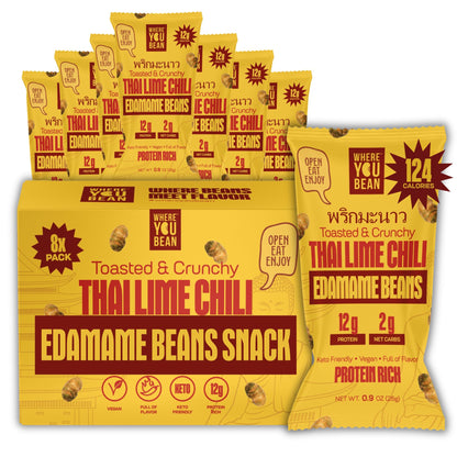 Where You Bean Edamame Beans Snack (Thai Lime Chili) - Crunchy and Dry Roasted Edamame Beans - High Protein Snacks, Keto and Veg