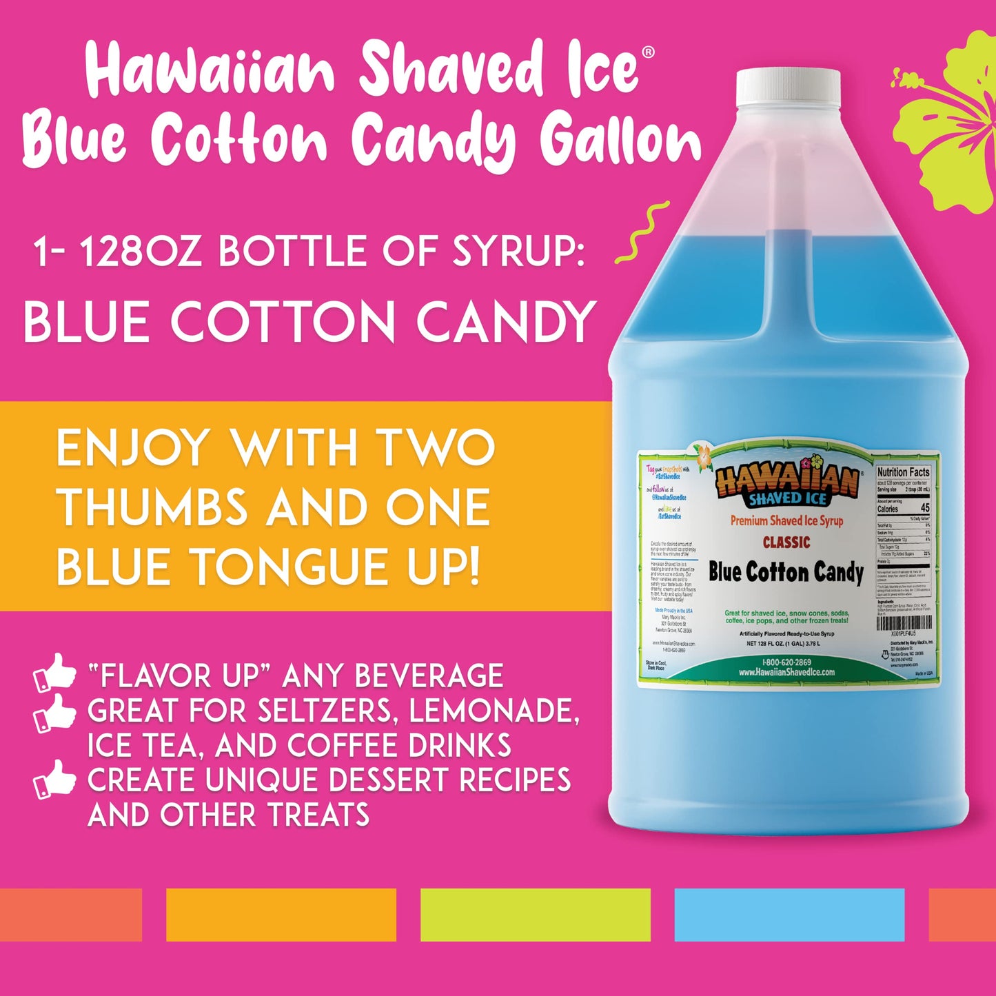 Hawaiian Shaved Ice Syrup, Blue Cotton Candy Flavor, 128 Fl Oz, Gallon Size