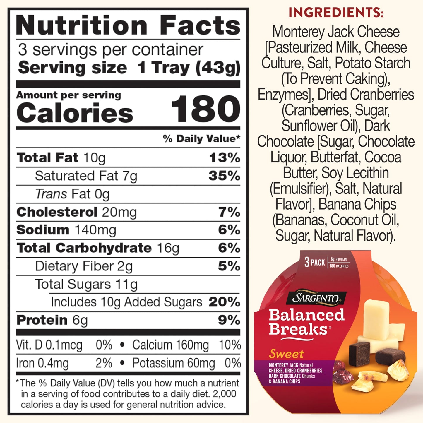 Sargento Sweet Balanced Breaks Natural Monterey Jack Cheese, Dried Cranberries, Dark Chocolate Chunks & Banana Chips Snack Kit,