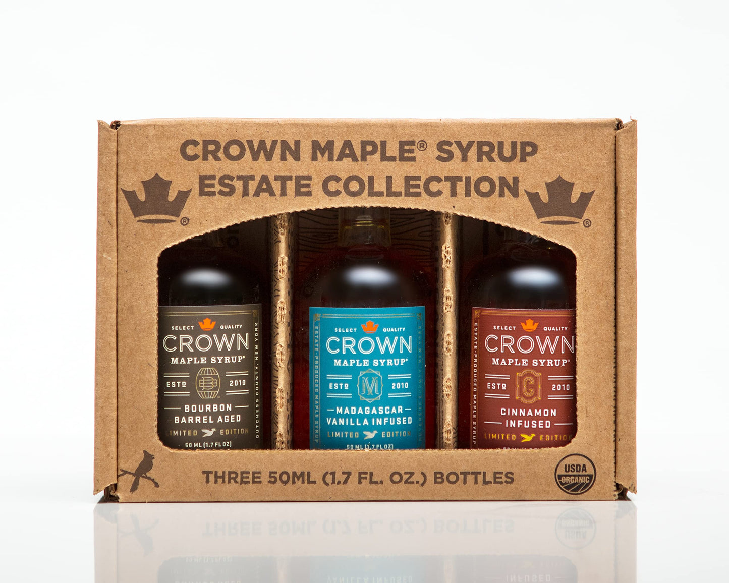 Crown Maple Artisan Trio Collection - spirit-inspired flavor Barrel Aged, Madagascar Vanilla, Cinnamon Infused Organic Maple Syrup, 50ML (1.7 Fl Oz)