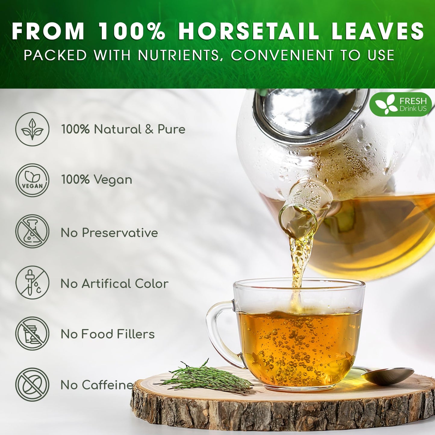 FRESHDRINKUS Horsetail Leaf Tea Bags, 100% Natural Herbal Tea, 75 Bags, Vegan, No Caffeine, No Sugar