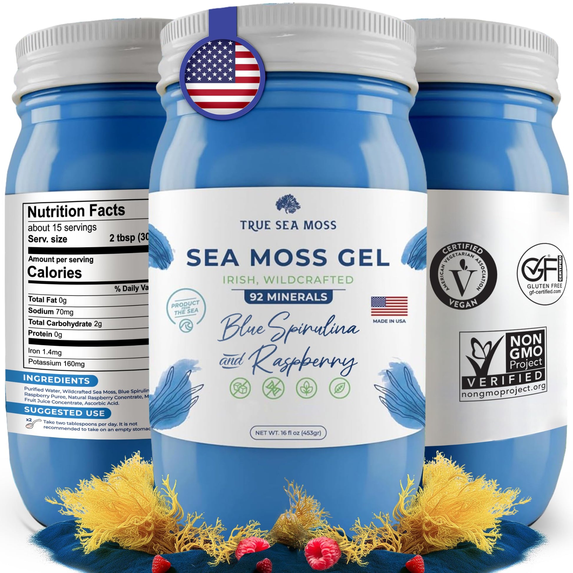 TrueSeaMoss Sea Moss Gel – Wildcrafted Sea Moss with Fresh Fruits & Sea Vegetables – 16 Fl Oz – Blue Spirulina