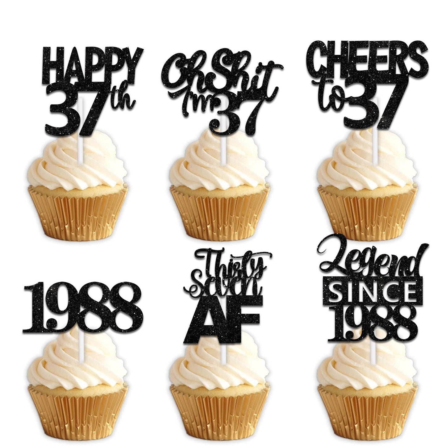 18pcs Black Glitter Happy 37th Dessert Cupcake Topper Pick for Funny Legend Since 1998 Theme Decor Supplies Men Women Happy 37 B