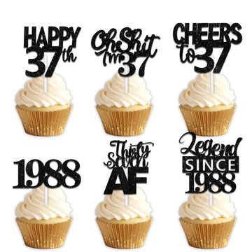 18pcs Black Glitter Happy 37th Dessert Cupcake Topper Pick for Funny Legend Since 1998 Theme Decor Supplies Men Women Happy 37 B