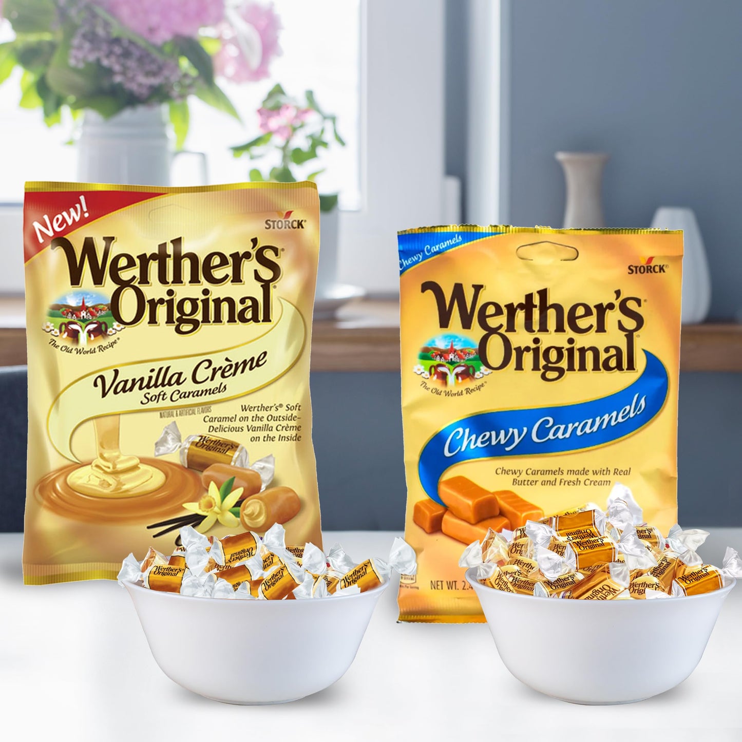 Munch Mania Werthers Original Vanilla Creme Soft Caramels, 2.4 oz, Pack of 4, Individually Wrapped, Brown