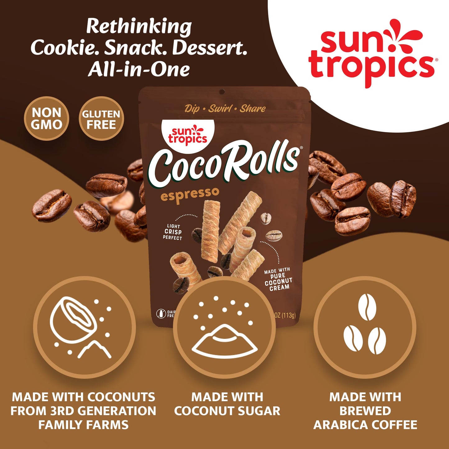 Sun Tropics Cocorolls Espresso, Gluten Free, Dairy Free, Snack-Crisp Rolled Wafer Made With Pure Coconut Cream, 6 Count