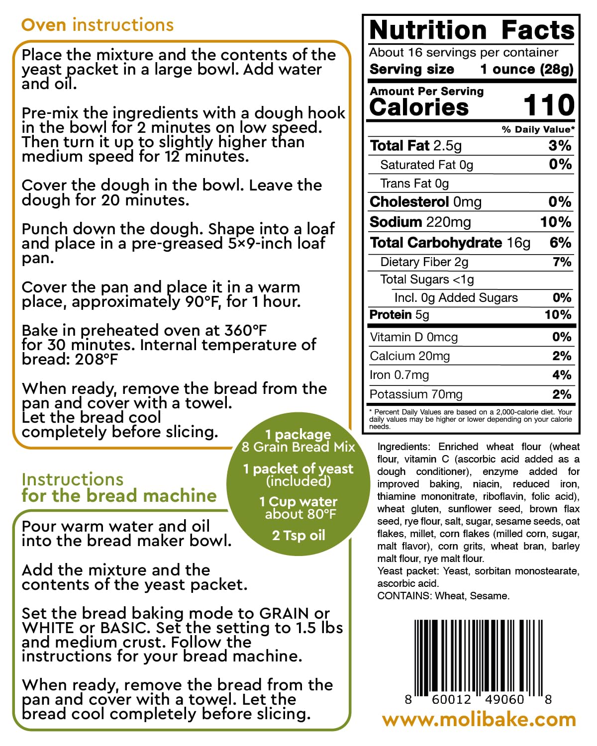 Molibake 8 Grain Bread Mix - All-Natural Multigrain Baking Mix - 15 oz - Easy-to-Use for Bread Machine & Oven