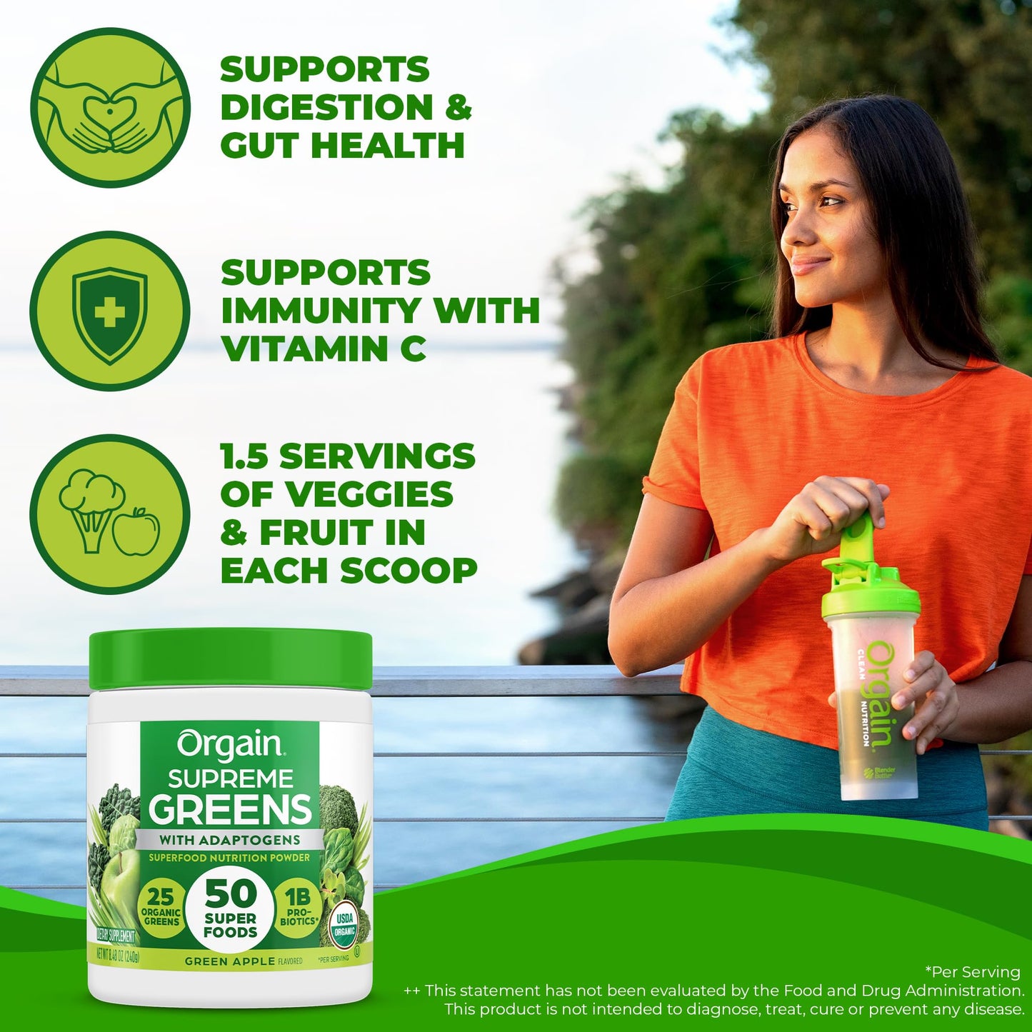 Orgain Supreme Greens Powder, 25 Organic Greens, 50 Superfoods, Vegan, 8.48 Ounce, Green Apple Flavor
