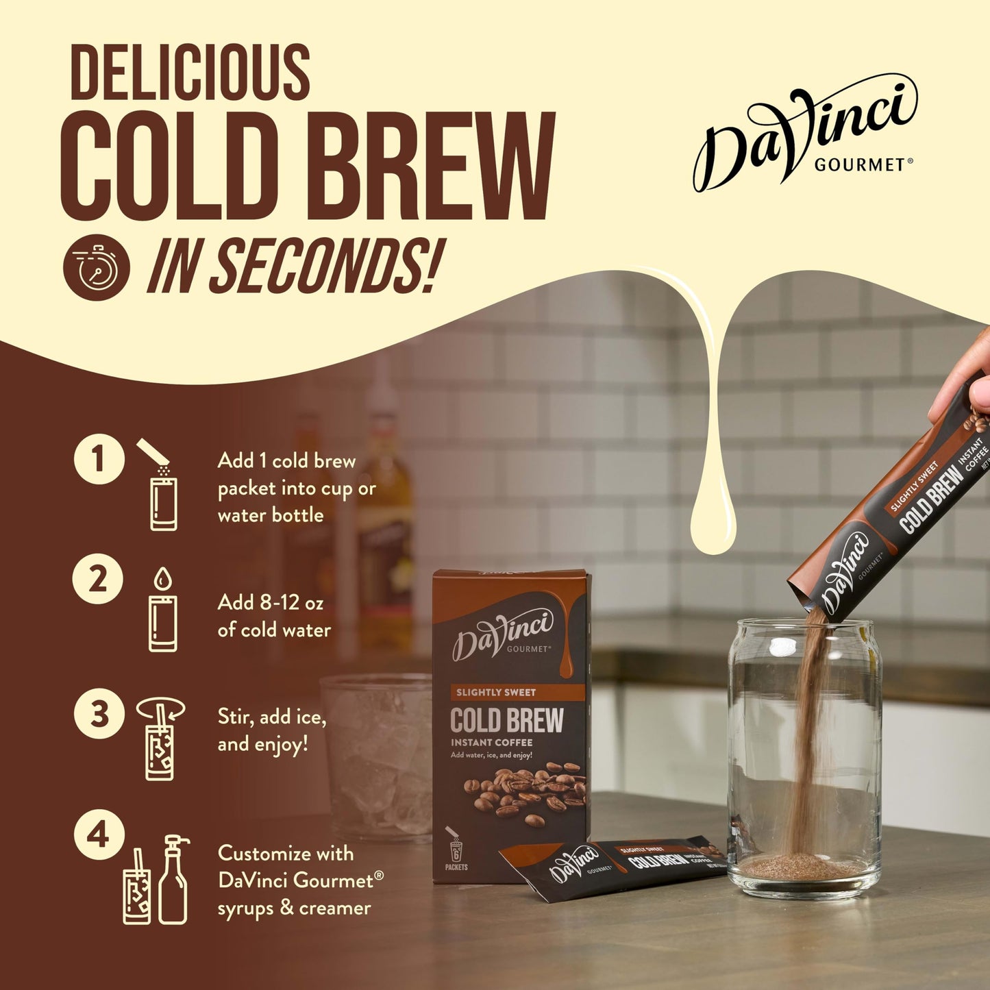 DaVinci Gourmet Cold Brew Coffee Stick Packs, Slightly Sweet, 6 Count, Instant Coffee, Coffee Flavor