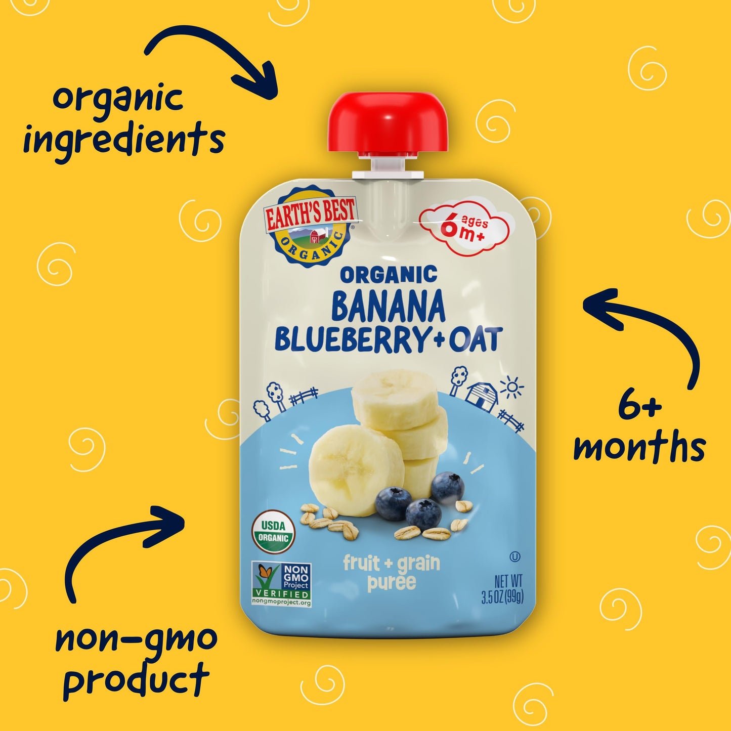 Earths Best Organic Baby Food Pouches, Wholesome Breakfast Puree for Babies 6 Months and Older, Organic Banana Blueberry and Oa