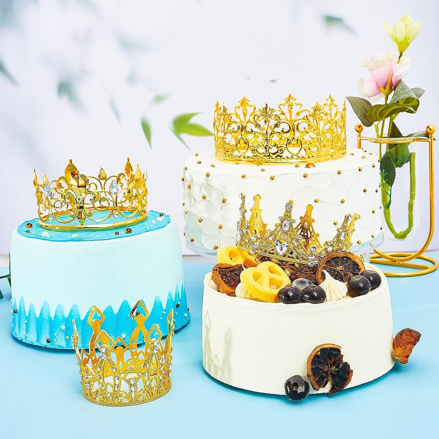 Fulanfudi 8 Pack Crown Cake Topper Gold Rhinestone Tiara Crown Cake Topper Vintage Metal Mini Tiara For Baby Shower Birthday Wed