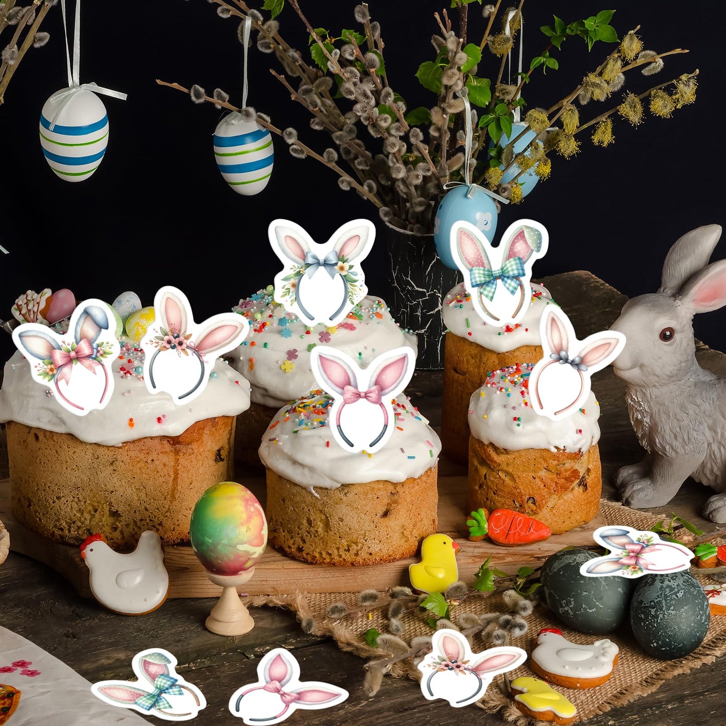 30Pcs Edible Easter Bunny Ear Cupcake Toppers Edible Rabbit Ears Bowknot Cupcake Picks Wafer Paper Bunny Ear Cake Toppers For Ha