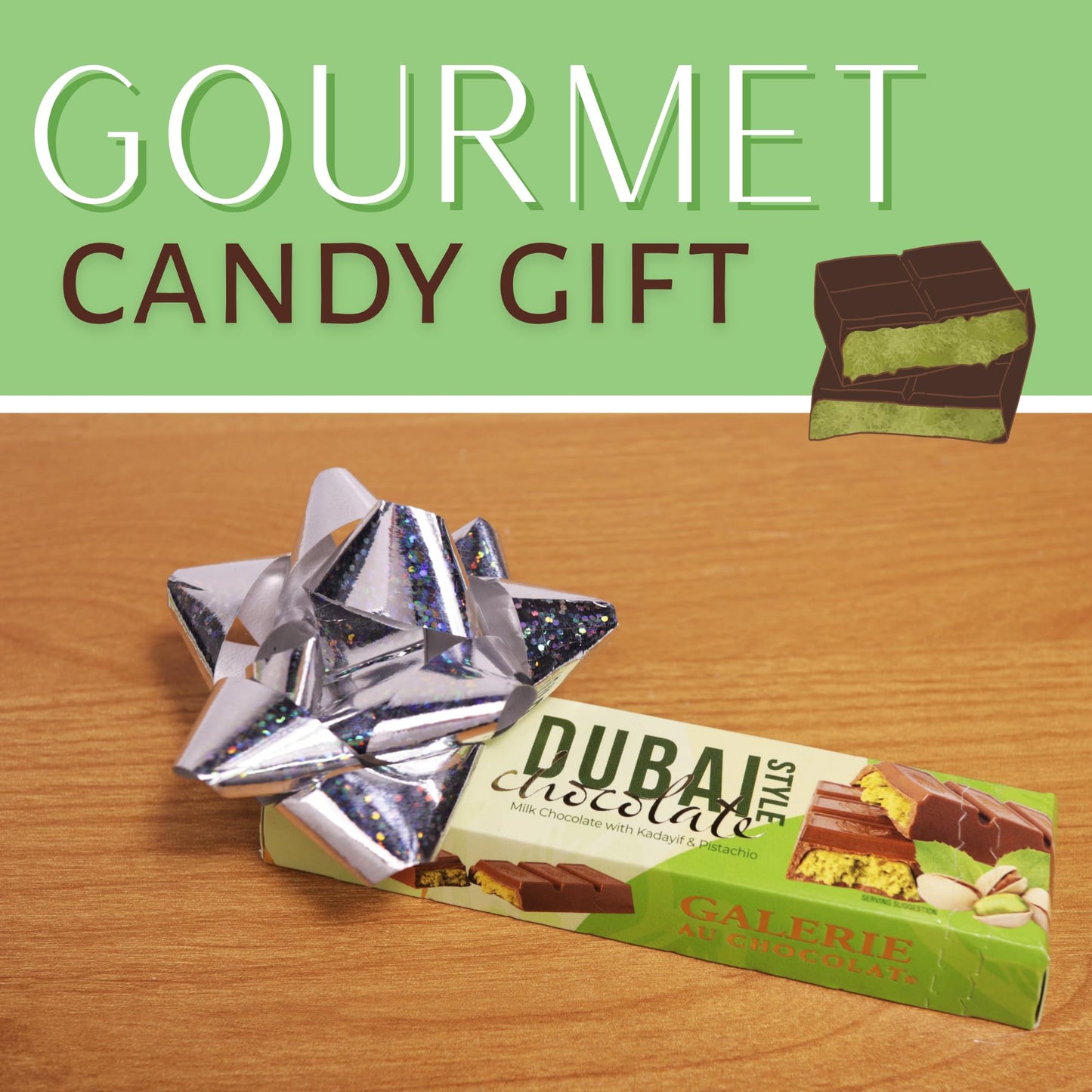 Dubai Chocolate Bar, Milk Chocolate With Pistachio And Kadayif Filling, Gourmet Candy Gift, 2.47 Ounces