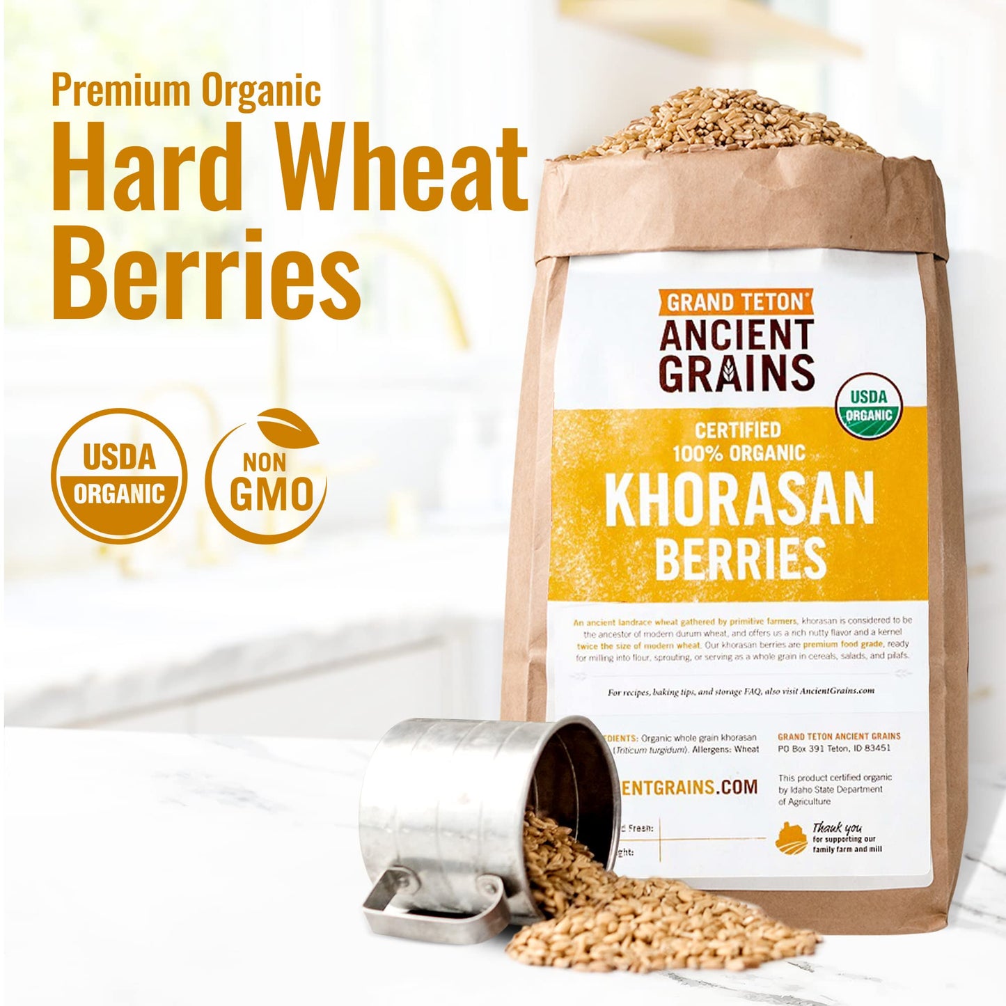 Grand Teton Khorasan Wheat Berries, 100% Organic, Premium Food-Grade, 25 lbs