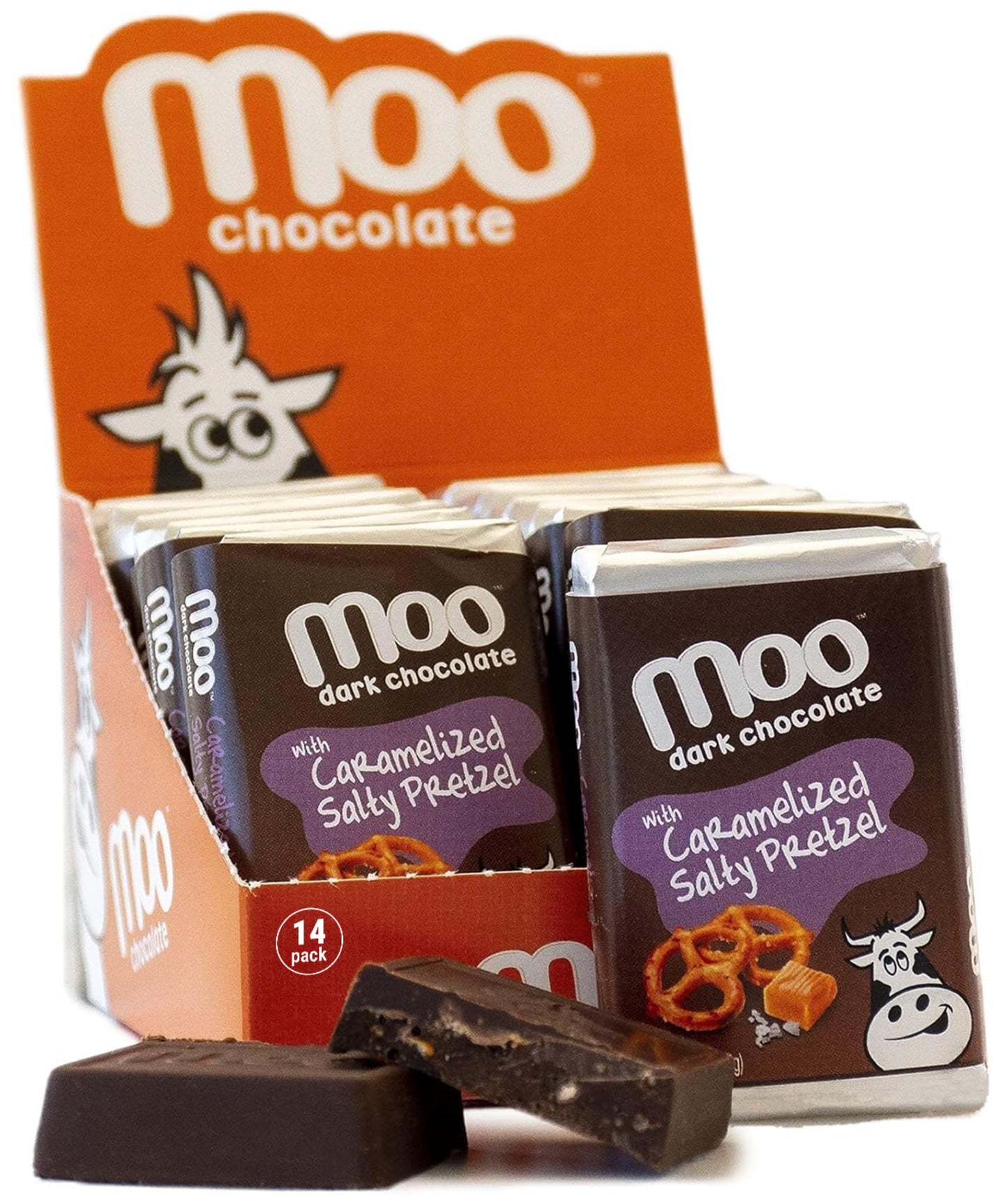 Moo Chocolates All Natural Dark Chocolate Mini Bars with Caramelized Salty Pretzel 0.7 oz, 14 ct (Pack of 1) | 100 Calorie Snack