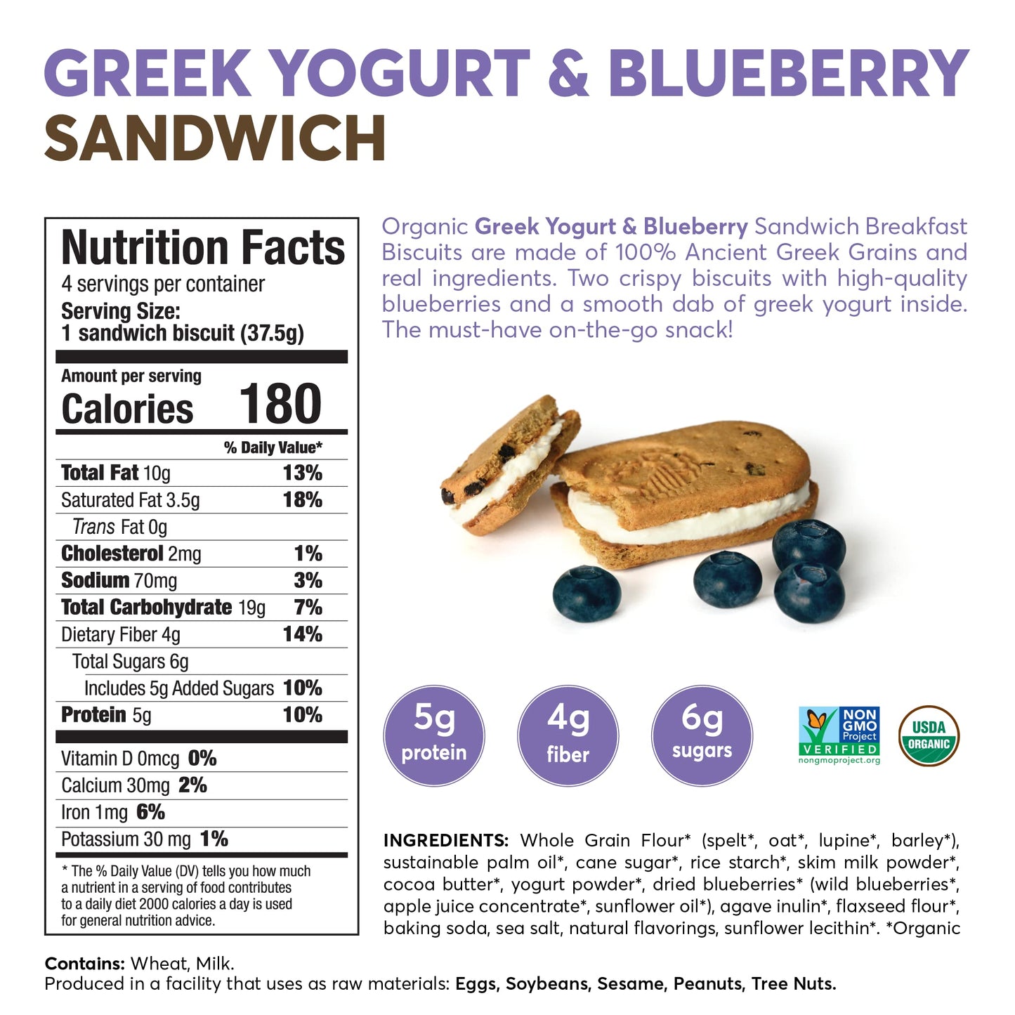 Olyra Organic Breakfast Biscuit Sandwiches | Greek Yogurt Blueberry | Kids Healthy Snacks, Low-Sugar, High Fiber | 4 Count (Pack