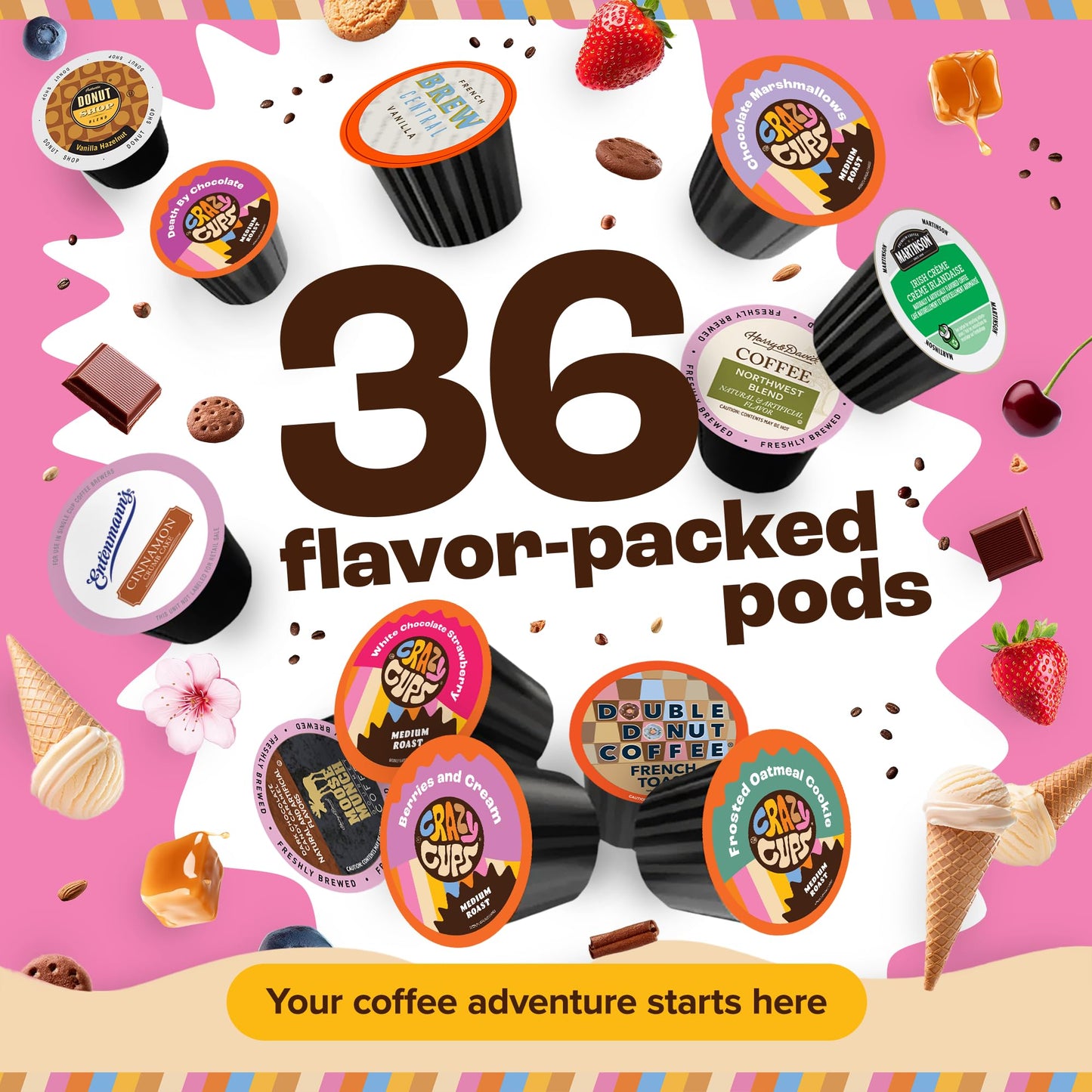Crazy Cups Flavored Coffee Pods Variety Pack for Keurig, Assorted Flavors, 36 Count, Pack of 1