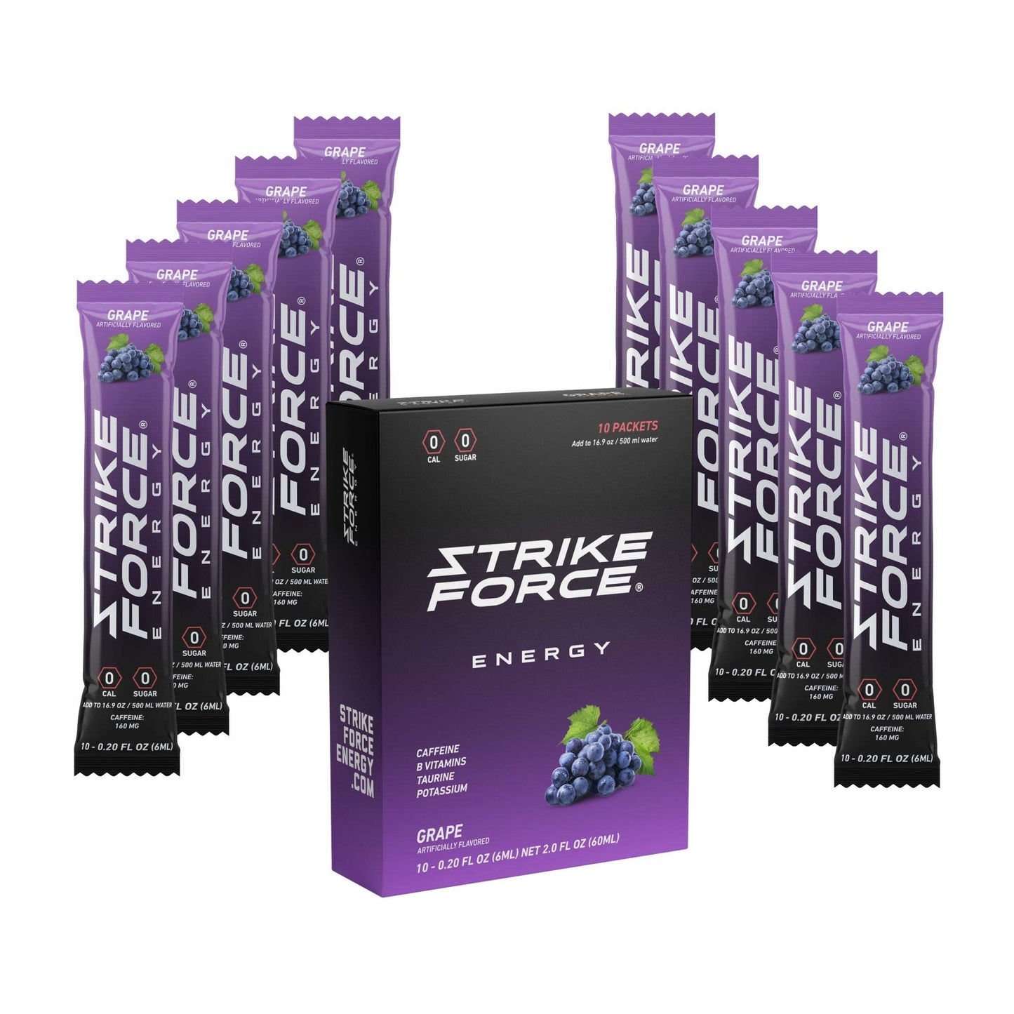 Strike Force Energy Drink Mix - Grape Flavor, Zero Calories, Keto Friendly, Sugar Free - 10 Liquid Packs