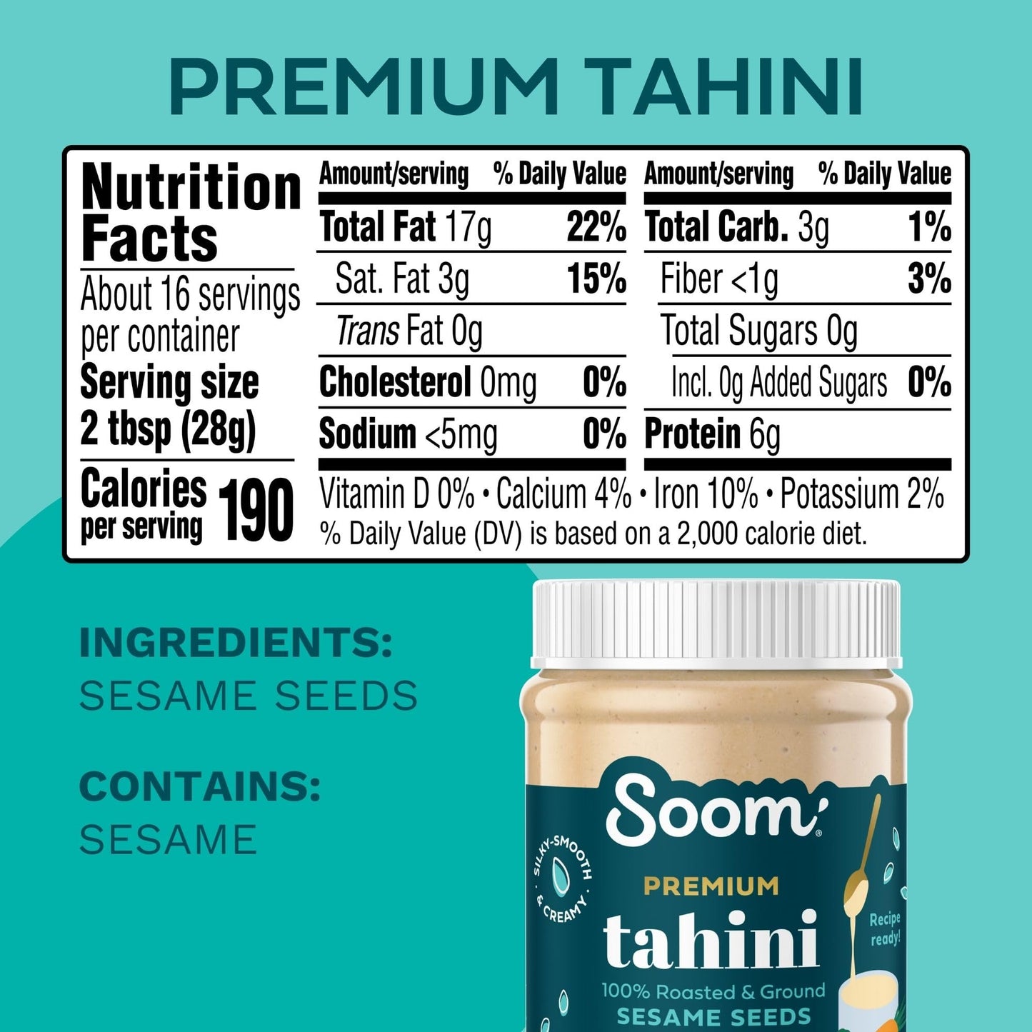 Soom Foods Ground enhanced Sesame Tahini Paste 16oz (2 Pack) | Silky Smooth Texture in Hummus  Dips  Dressings | Vegan  Nut-Free  Gluten-Free  Dairy-Free  Paleo  Keto