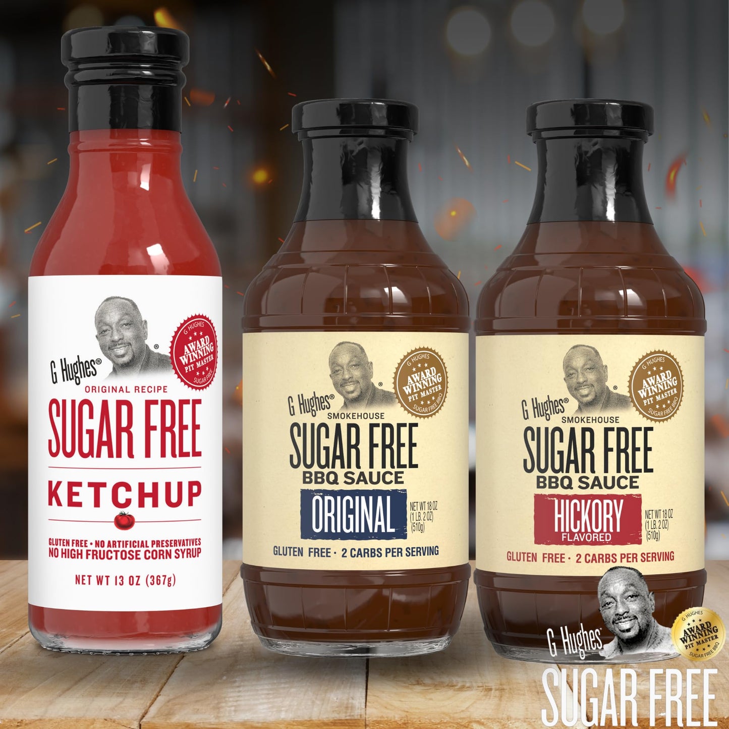 G Hughes Sugar Free, Bbq Sauces & Ketchup Bundle - Original Sugar Free Bbq Sauce - 18 Oz, Hickory Bbq Suace - 18 Oz, Sugar Free Ketchup - 13 Oz - Ketchup, Low Calorie Barbecue Sauce (3 Pack)