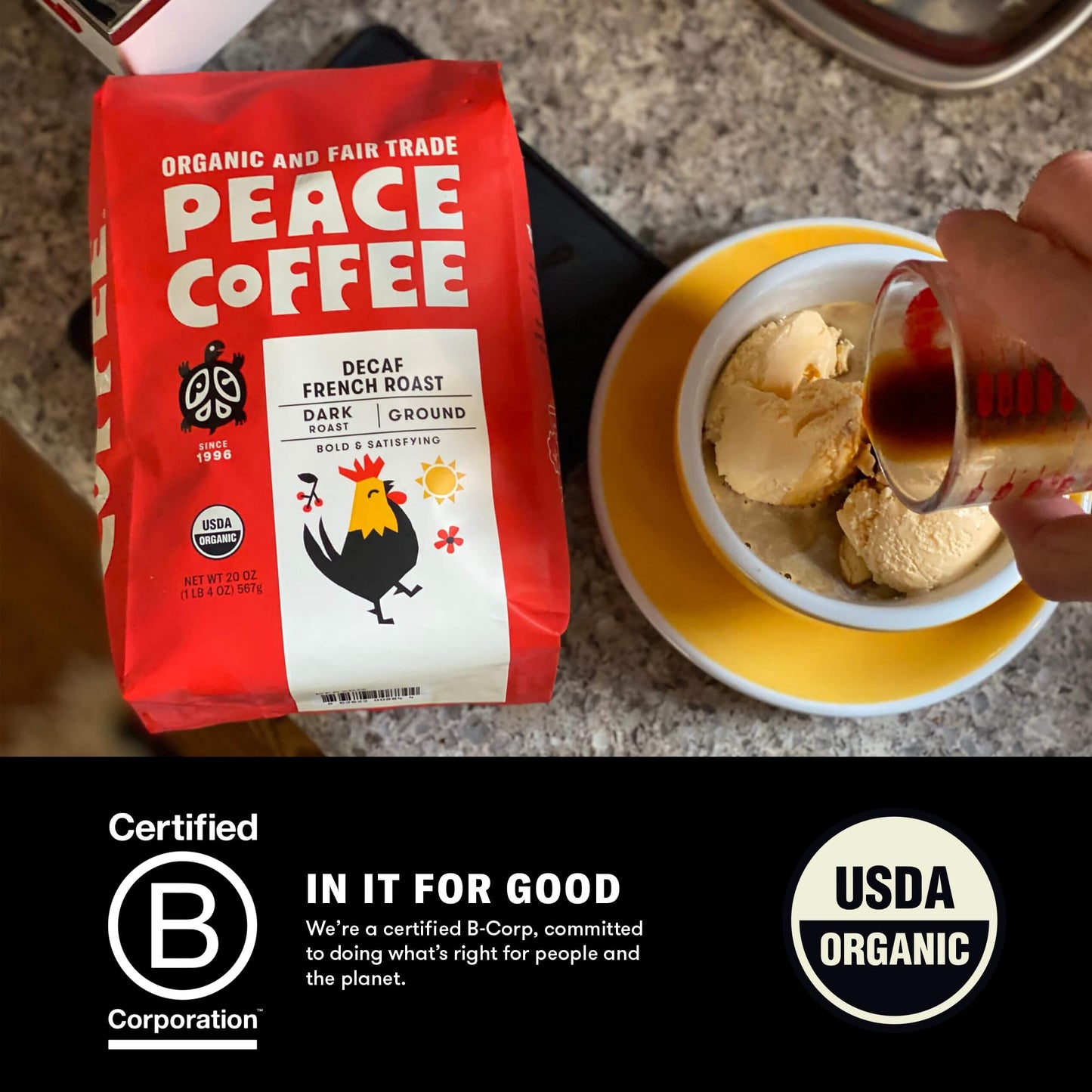 Peace Coffee Decaf French Roast Ground Coffee, Organic Fair Trade, 5 lb (80 oz), Rich Bold Flavor, Shade Grown