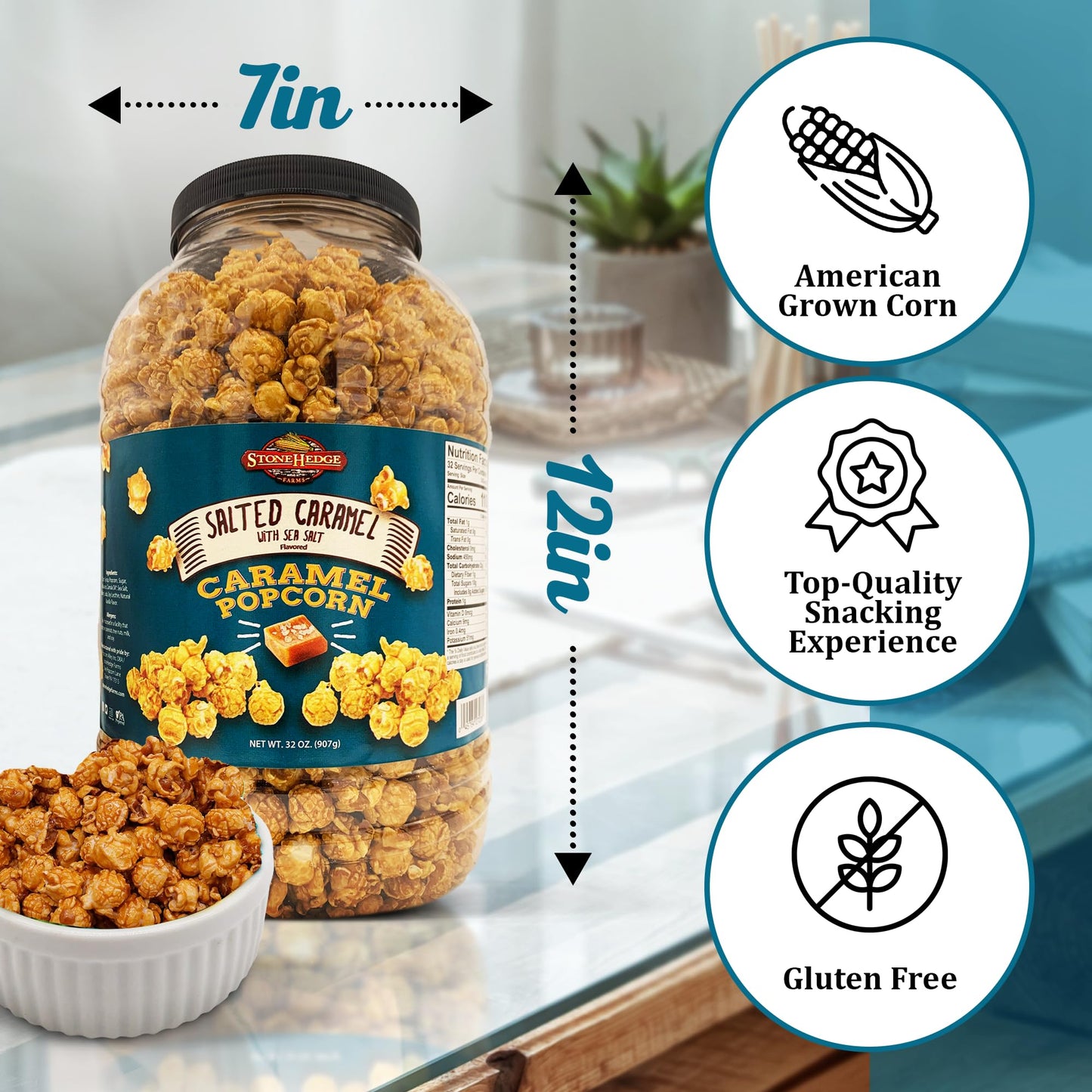 Stonehedge Farms Salted Caramel Flavored Popcorn - 32 Oz Large Tub - Bulk Gourmet Deliciously Old Fashioned Popped Sweet Snacks