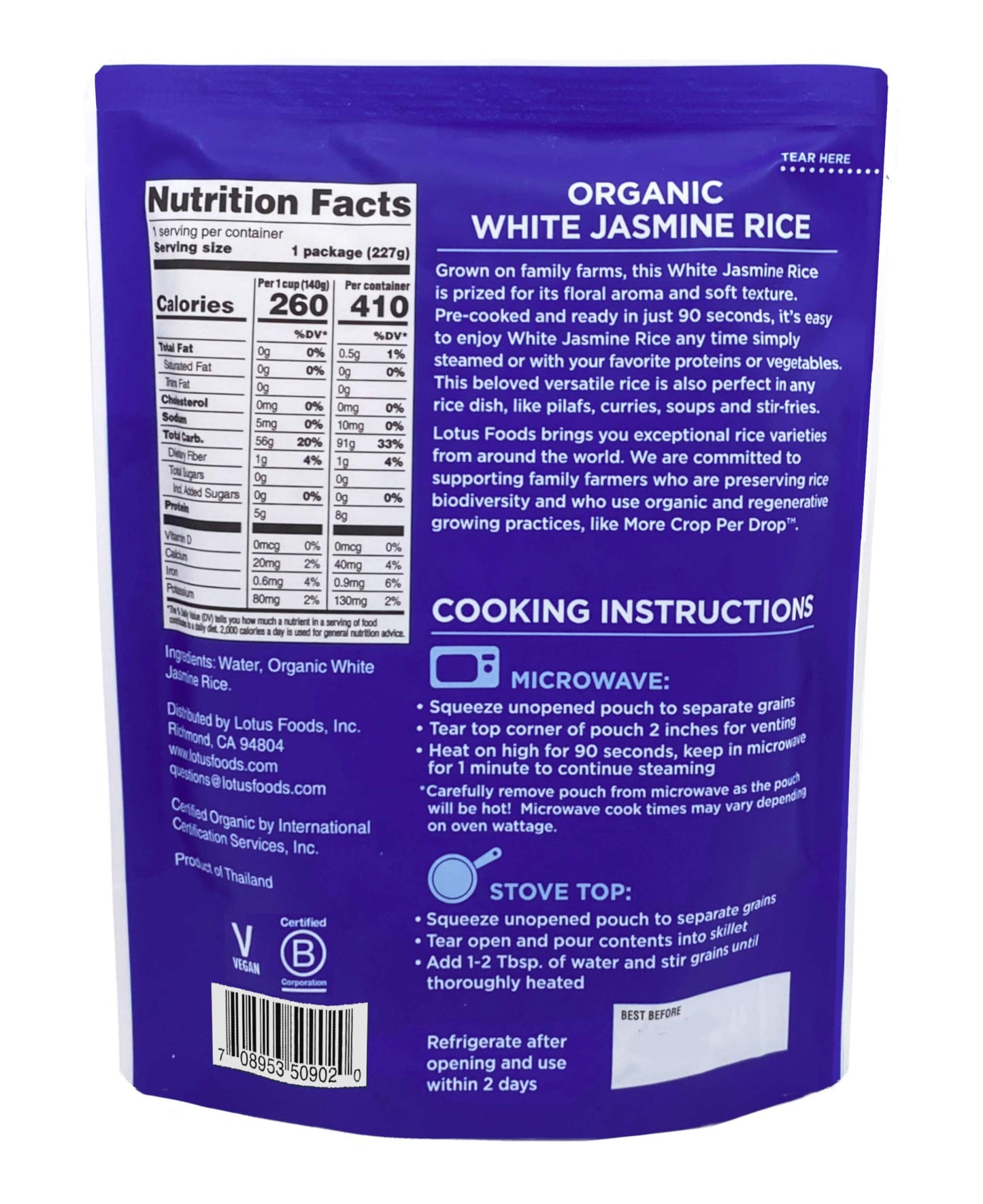 Lotus Foods Organic White Jasmine Rice Heat & Eat Pouch - Gluten Free White Rice, Organic Rice, Instant Microwave Jasmine Rice, Microwavable Pre Cooked Rice - 8 Oz (Pack Of 6)