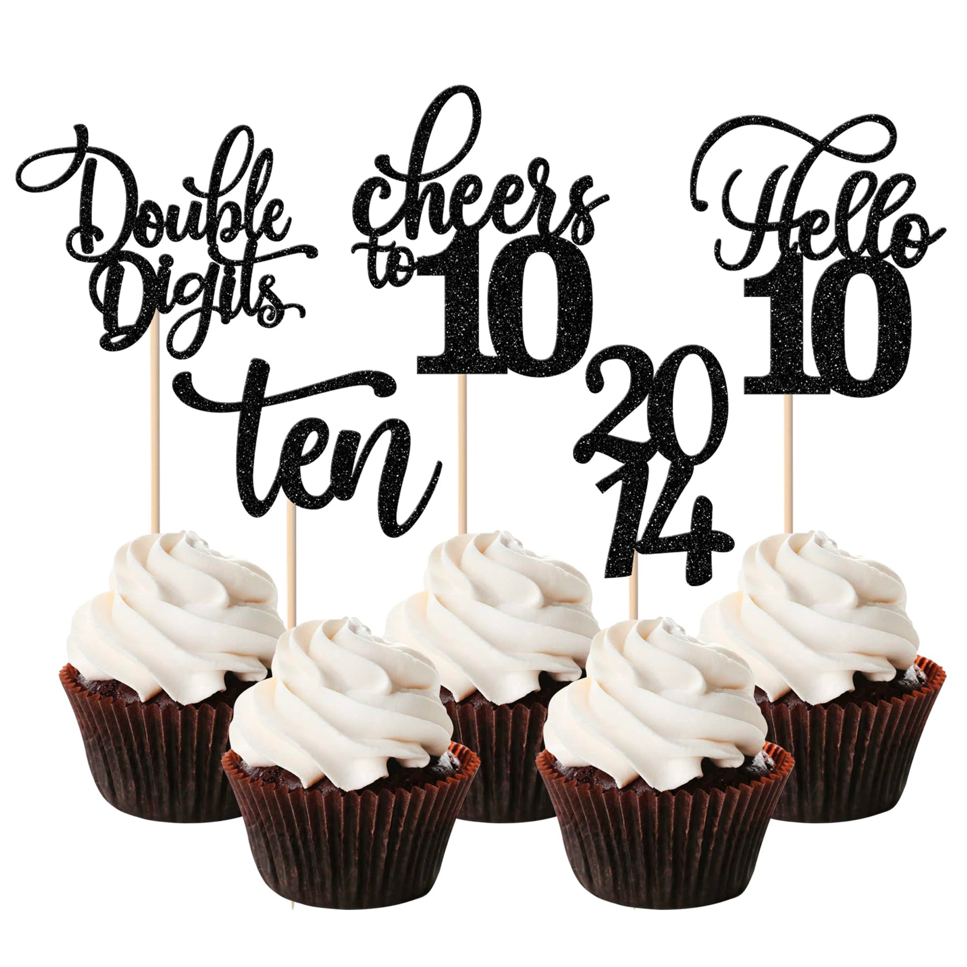 Rsstarxi Cupcake Toppers, 30 Pack, Glitter Ten, Paper, Black, Model XM087, 10th Birthday Party Supplies