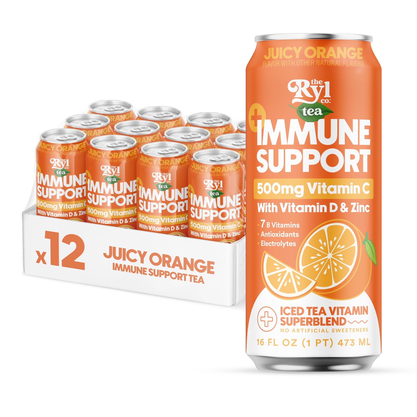 The Ryl Co Ryl Immune Support Iced Tea, Juicy Orange, 500mg Vitamin C, Zero Sugar, 16 Fl Oz (12-Pack)