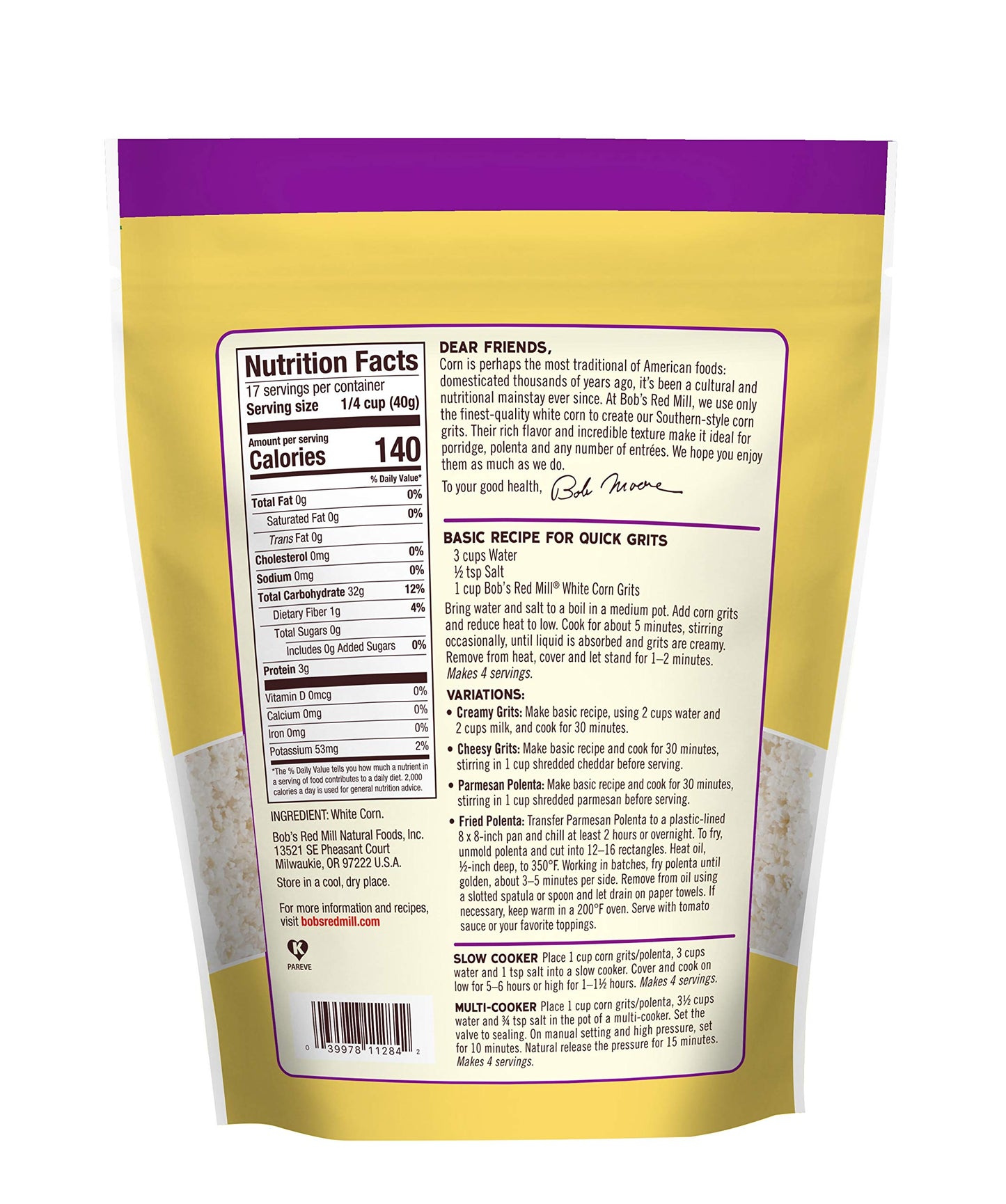 Bobs Red Mill Creamy White Corn Grits Hot Cereal, 24 oz Pack of 4, Natural