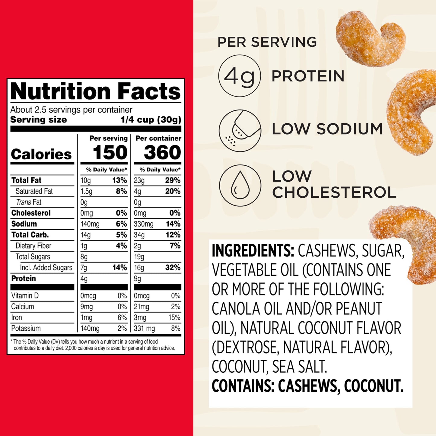 Snak Club Honey Cashews, Honey Glazed Nuts, Kosher Snack, 2.5 oz Bags, 6 Pack
