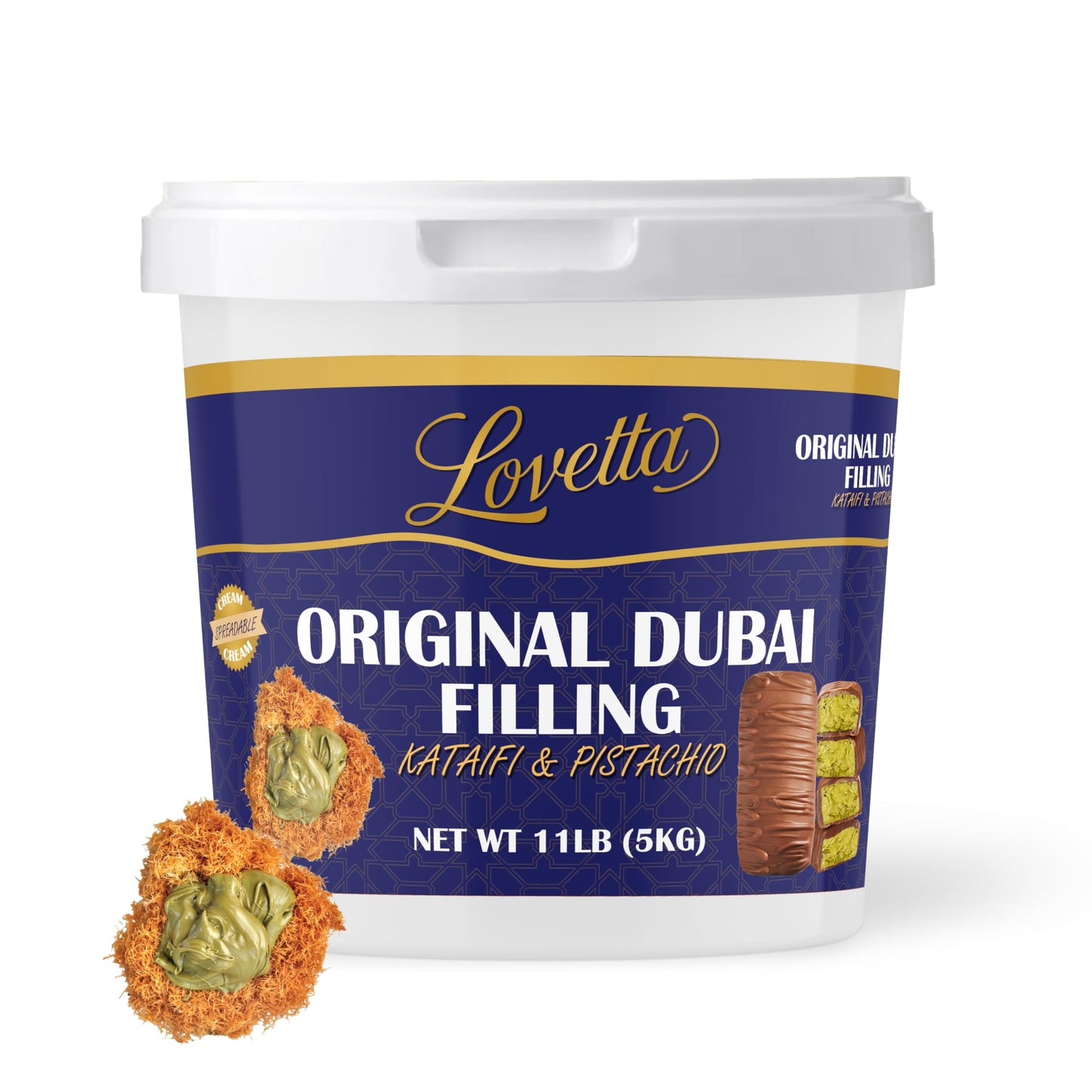 Lovetta Dubai Filling Pistachio & Knafeh Bulk 11Lb (5Kg) Tub - Dubai Chocolate Bar Spread  Rich Pistachio & Knafeh Cream Filling  Gourmet Filling For Desserts  Pastries & Kataifi Bars - Ready To Use