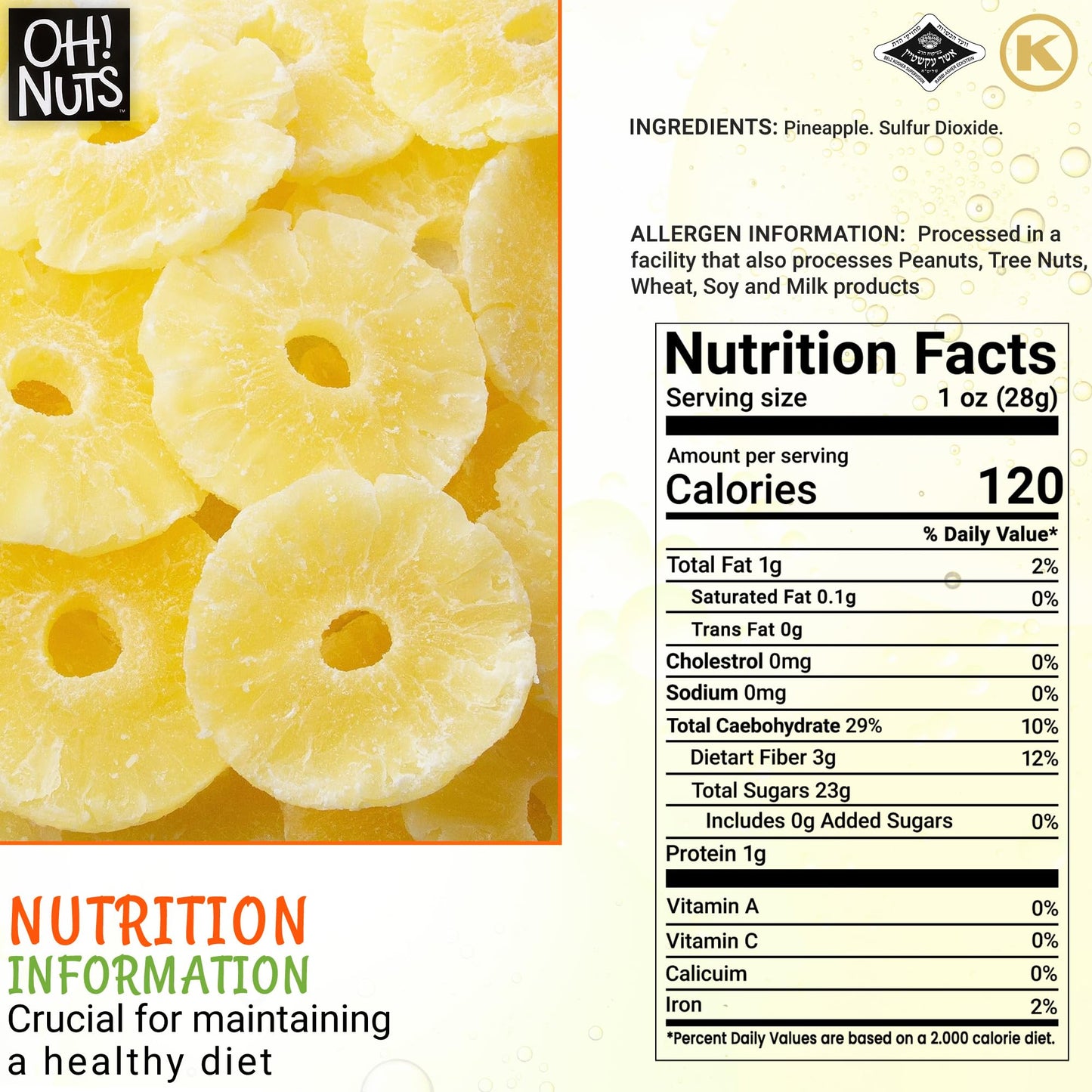 Oh! Nuts Dried Pineapple - 1 Lb - Dried Fruit Rings - Organic Sweet - Dehydrated Fruit Bites - Packed In New York Zip-Seal Bag F
